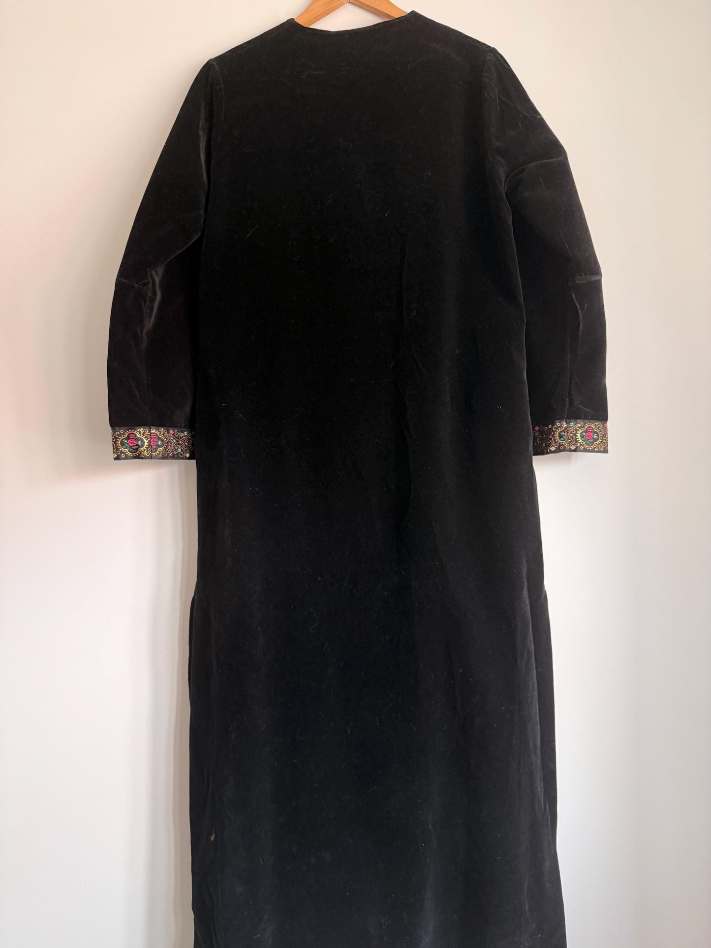 Vintage Black Velvet Opera Coat UK 12-14 | Spafford-Jones Models Velvet Evening Coat | 1970s Bohemian Folk Trim Maxi Jacket