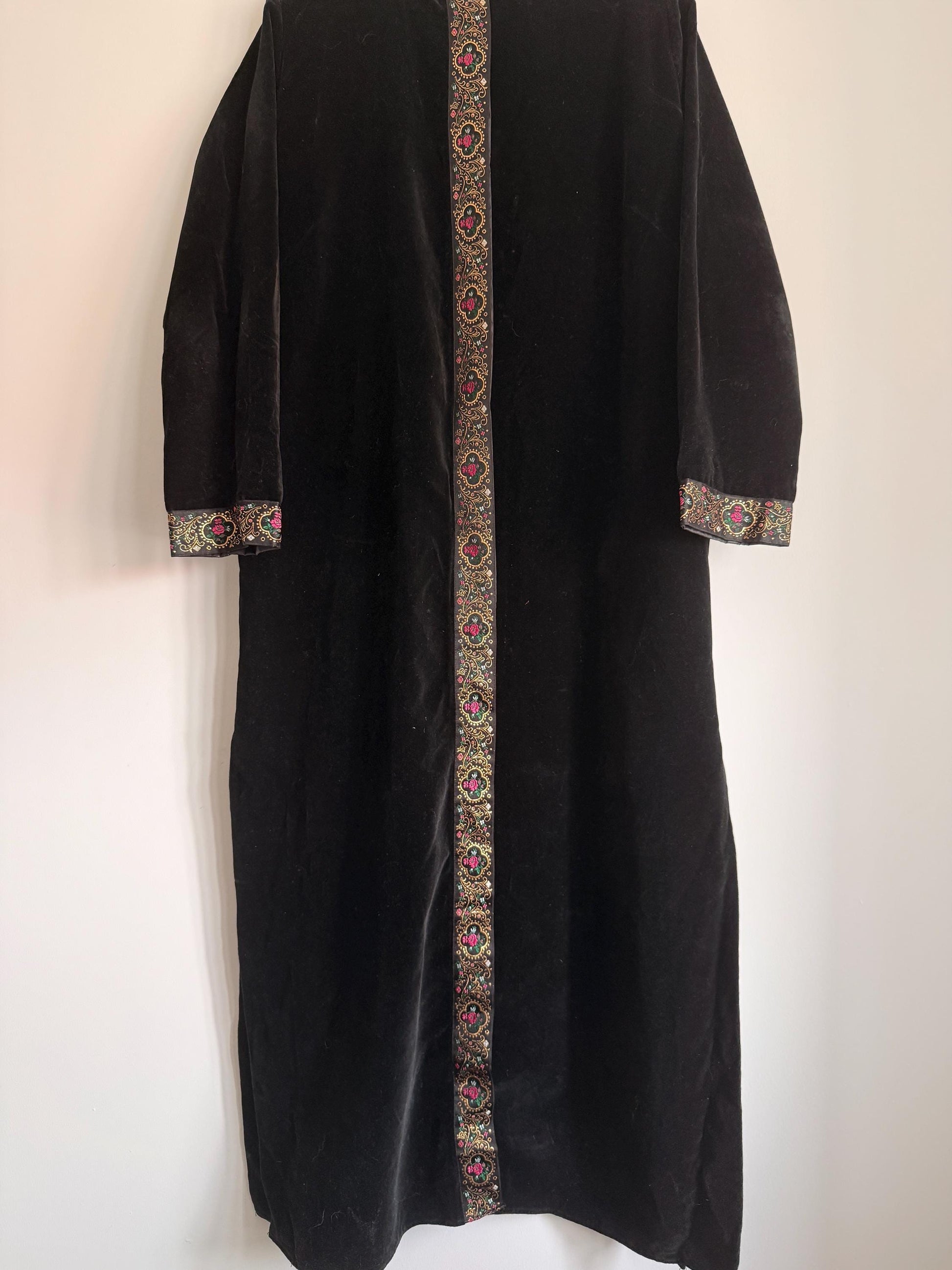 Vintage Black Velvet Opera Coat UK 12-14 | Spafford-Jones Models Velvet Evening Coat | 1970s Bohemian Folk Trim Maxi Jacket