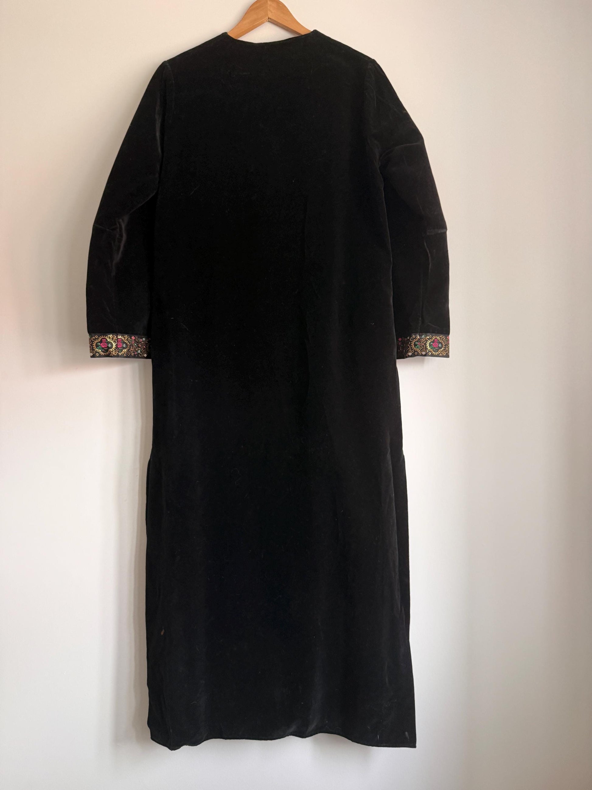 Vintage Black Velvet Opera Coat UK 12-14 | Spafford-Jones Models Velvet Evening Coat | 1970s Bohemian Folk Trim Maxi Jacket