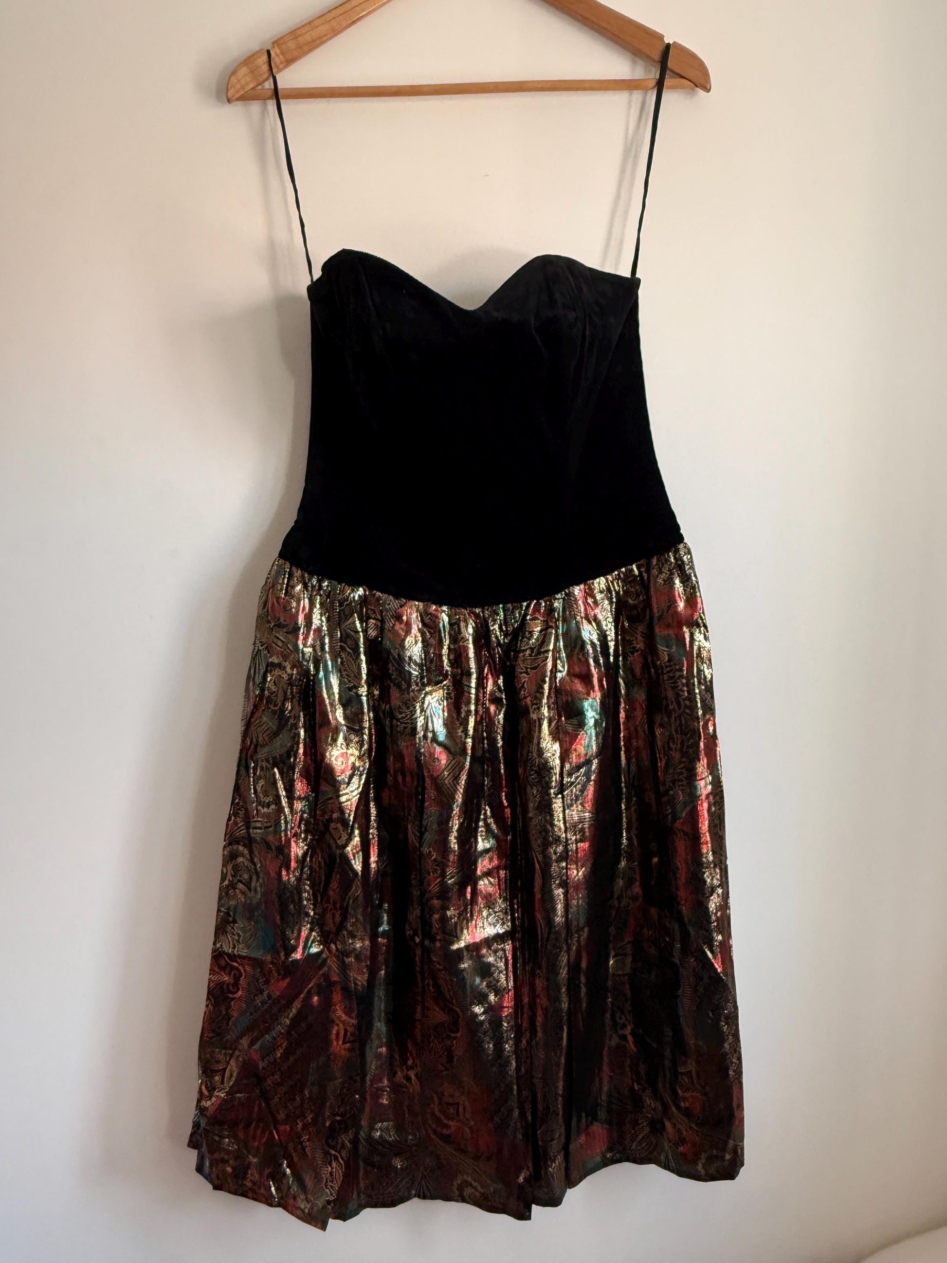 Vintage Black Velvet Strapless Party Dress | Metallic Brocade Skirt | 1980s Prom Dress | Cocktail Dress | Festive Occasion Wear