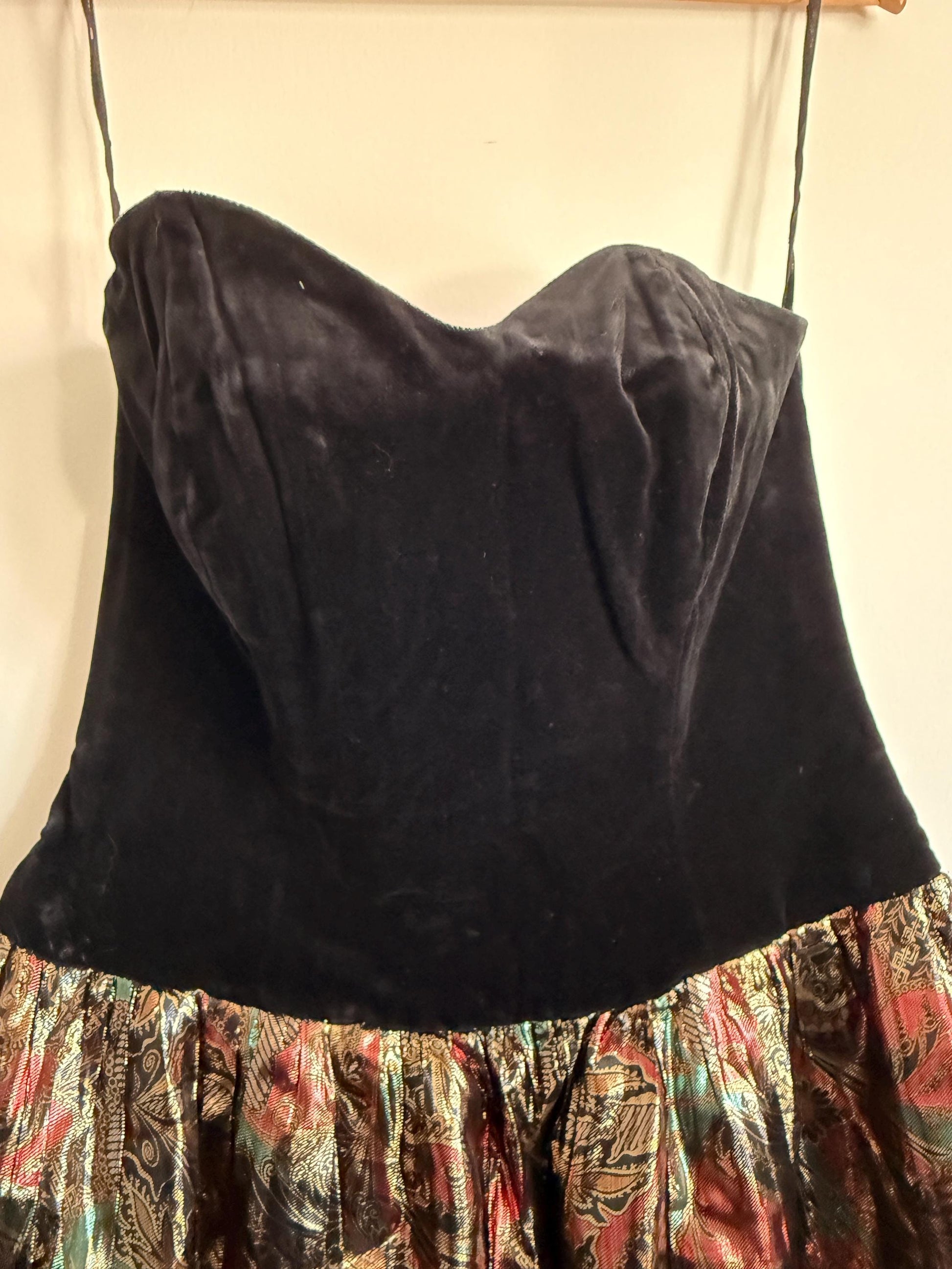 Vintage Black Velvet Strapless Party Dress | Metallic Brocade Skirt | 1980s Prom Dress | Cocktail Dress | Festive Occasion Wear