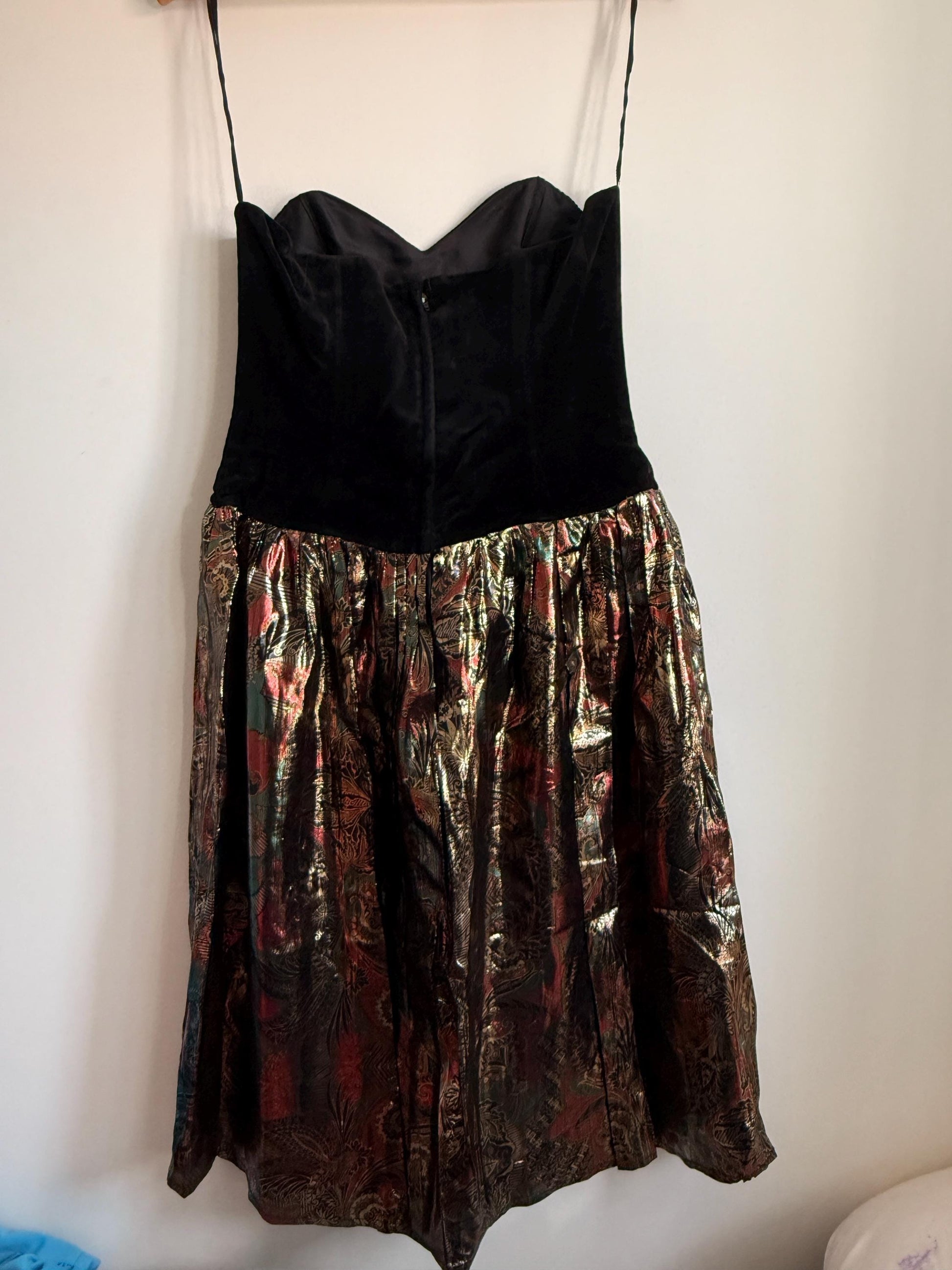 Vintage Black Velvet Strapless Party Dress | Metallic Brocade Skirt | 1980s Prom Dress | Cocktail Dress | Festive Occasion Wear