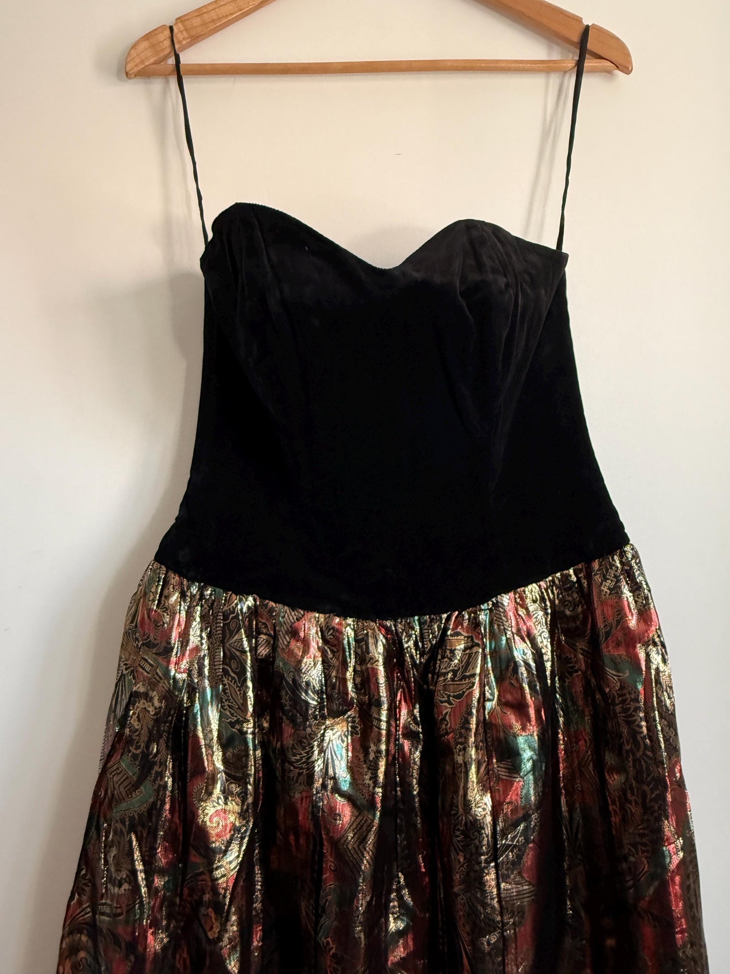 Vintage Black Velvet Strapless Party Dress | Metallic Brocade Skirt | 1980s Prom Dress | Cocktail Dress | Festive Occasion Wear