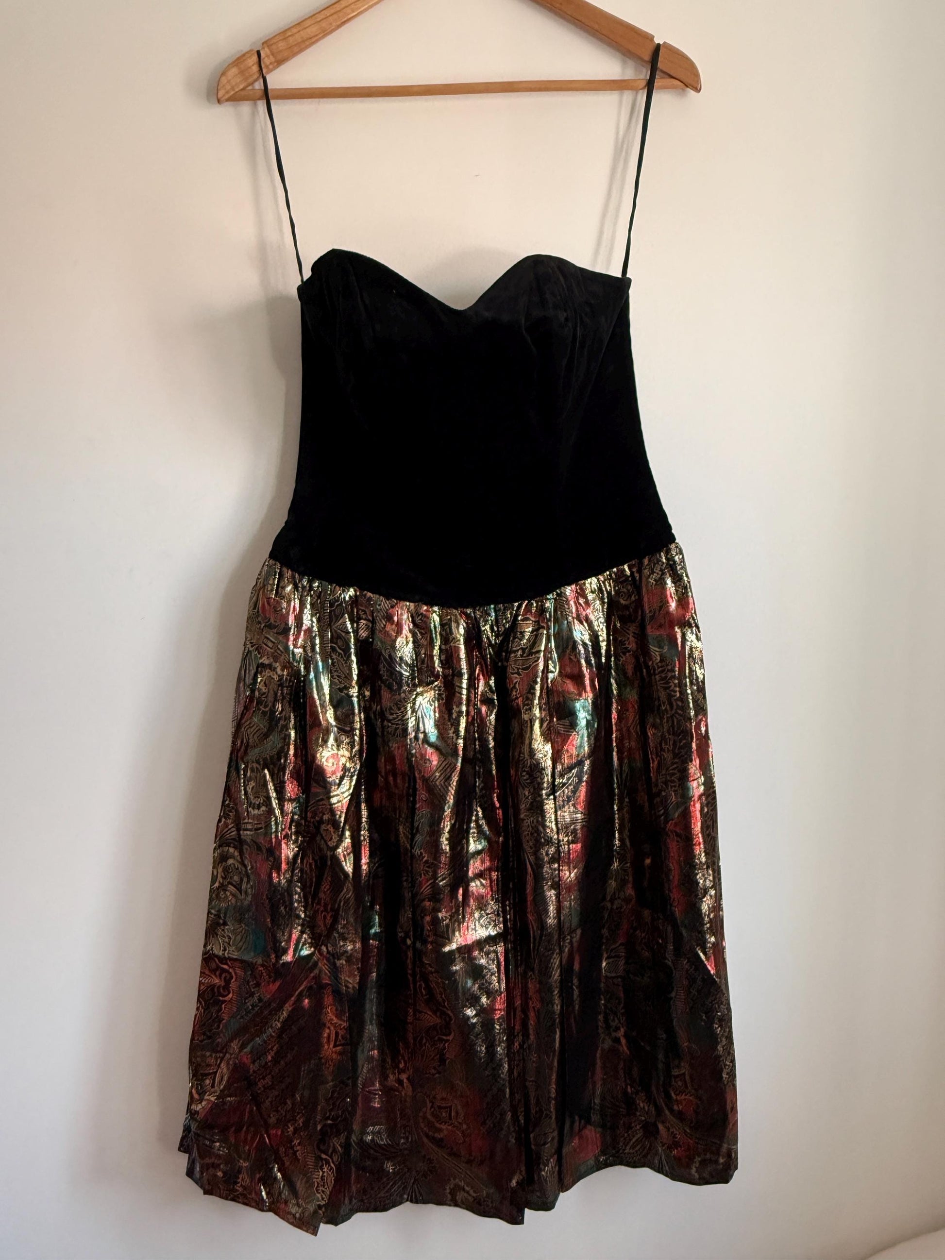 Vintage Black Velvet Strapless Party Dress | Metallic Brocade Skirt | 1980s Prom Dress | Cocktail Dress | Festive Occasion Wear