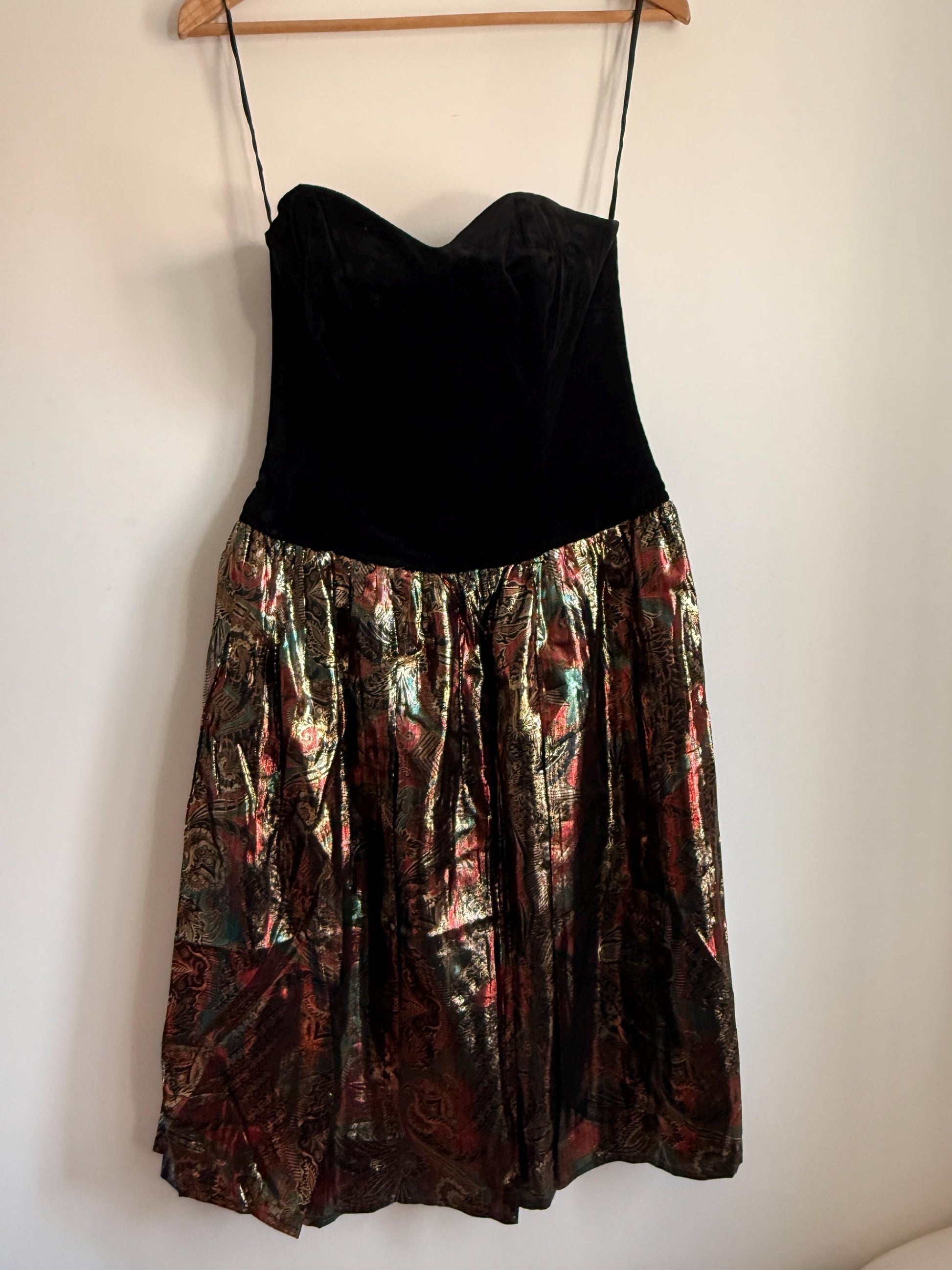 Vintage Black Velvet Strapless Party Dress | Metallic Brocade Skirt | 1980s Prom Dress | Cocktail Dress | Festive Occasion Wear