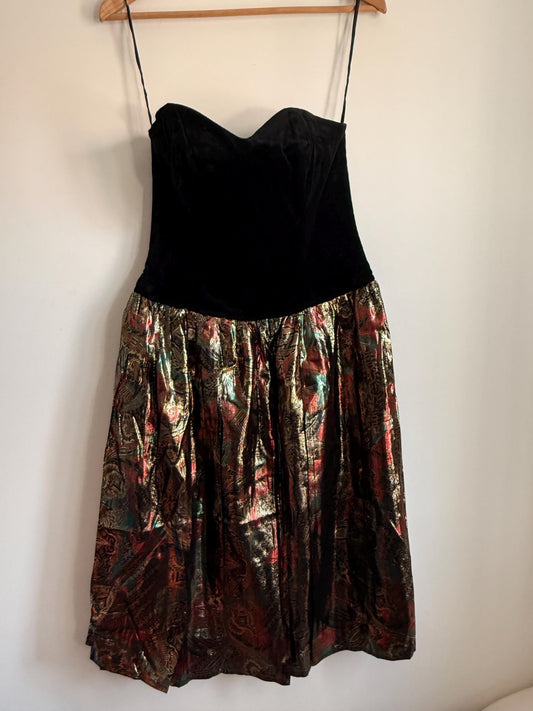 Vintage Black Velvet Strapless Party Dress | Metallic Brocade Skirt | 1980s Prom Dress | Cocktail Dress | Festive Occasion Wear