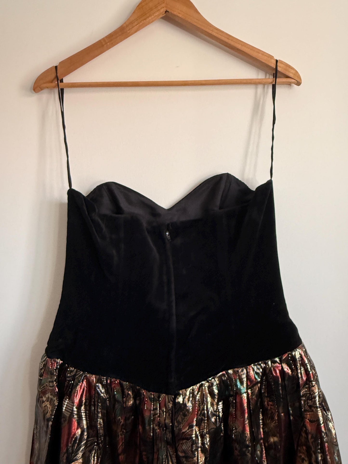 Vintage Black Velvet Strapless Party Dress | Metallic Brocade Skirt | 1980s Prom Dress | Cocktail Dress | Festive Occasion Wear