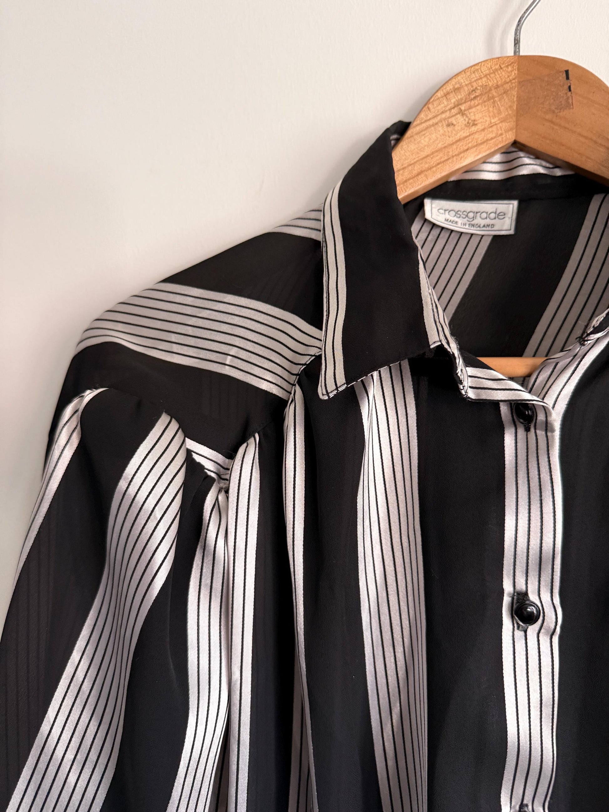 Vintage Black White Stripe Blouse | Sheer Chiffon Shirt | 90s Monochrome Blouse | Statement Stripe Top | UK 12