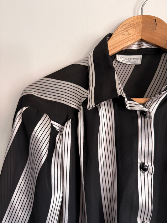 Vintage Black White Stripe Blouse | Sheer Chiffon Shirt | 90s Monochrome Blouse | Statement Stripe Top | UK 12