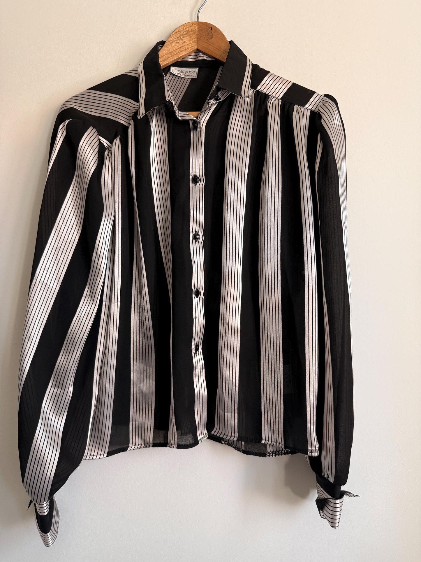Vintage Black White Stripe Blouse | Sheer Chiffon Shirt | 90s Monochrome Blouse | Statement Stripe Top | UK 12