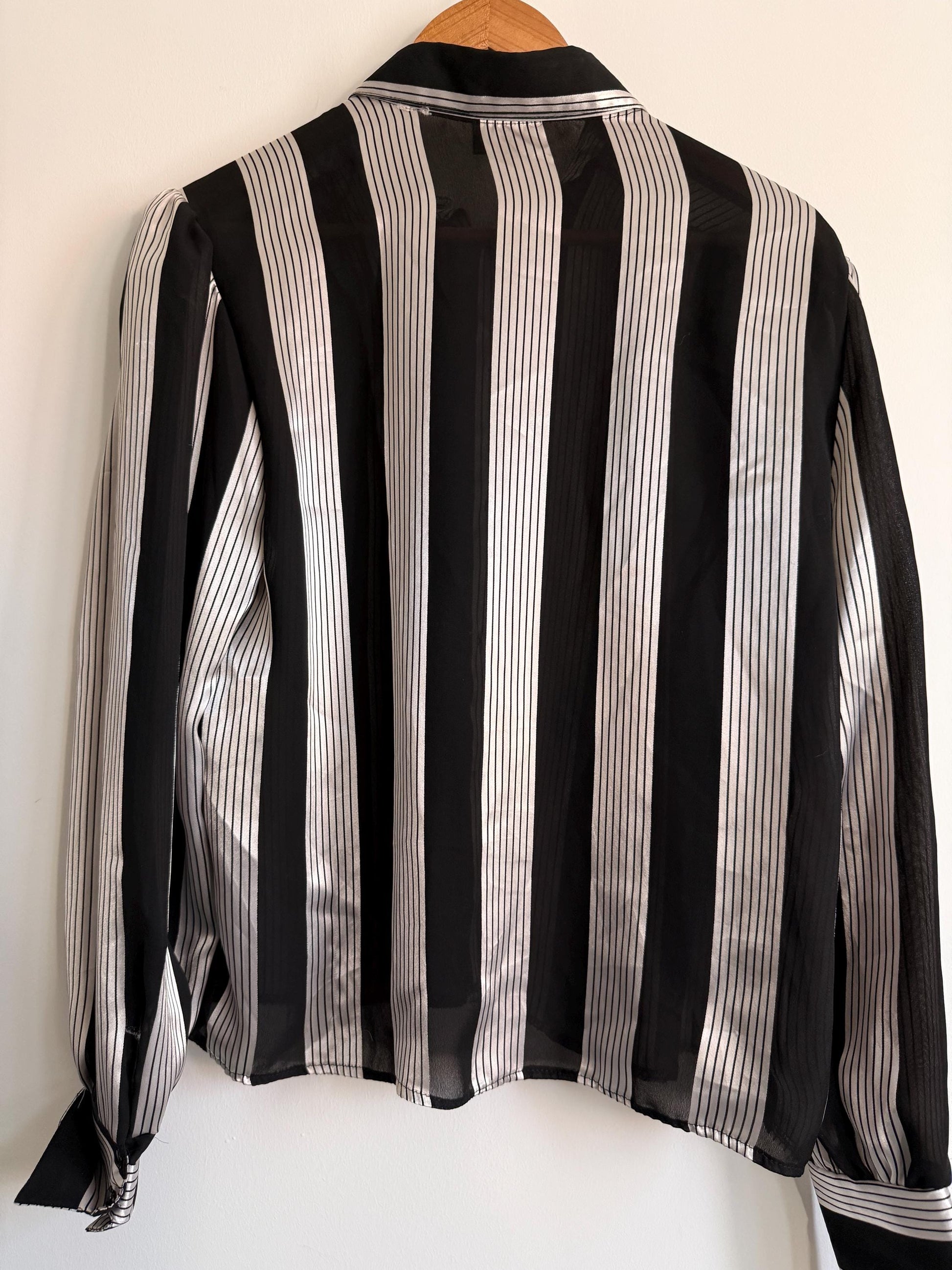 Vintage Black White Stripe Blouse | Sheer Chiffon Shirt | 90s Monochrome Blouse | Statement Stripe Top | UK 12