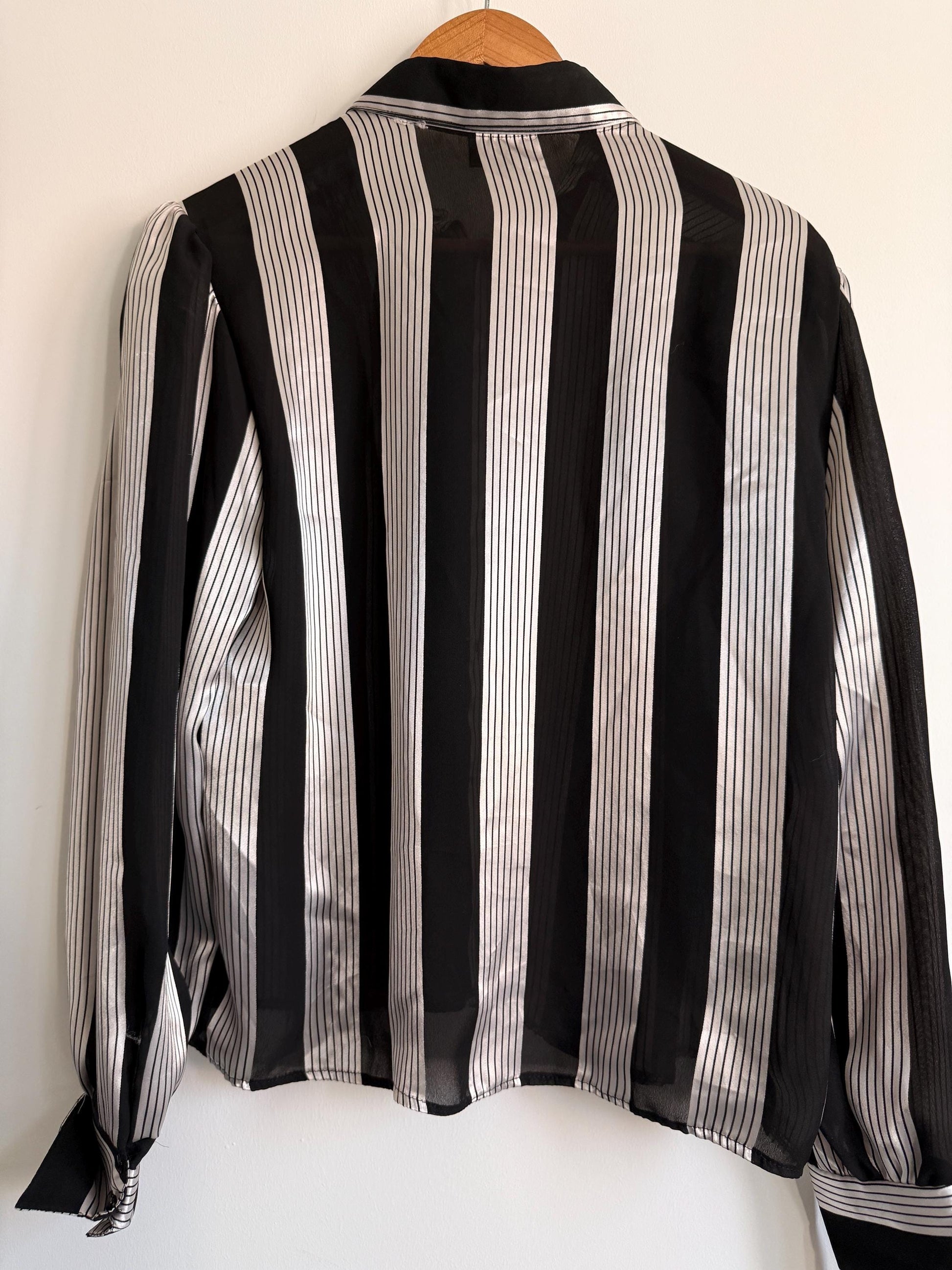 Vintage Black White Stripe Blouse | Sheer Chiffon Shirt | 90s Monochrome Blouse | Statement Stripe Top | UK 12