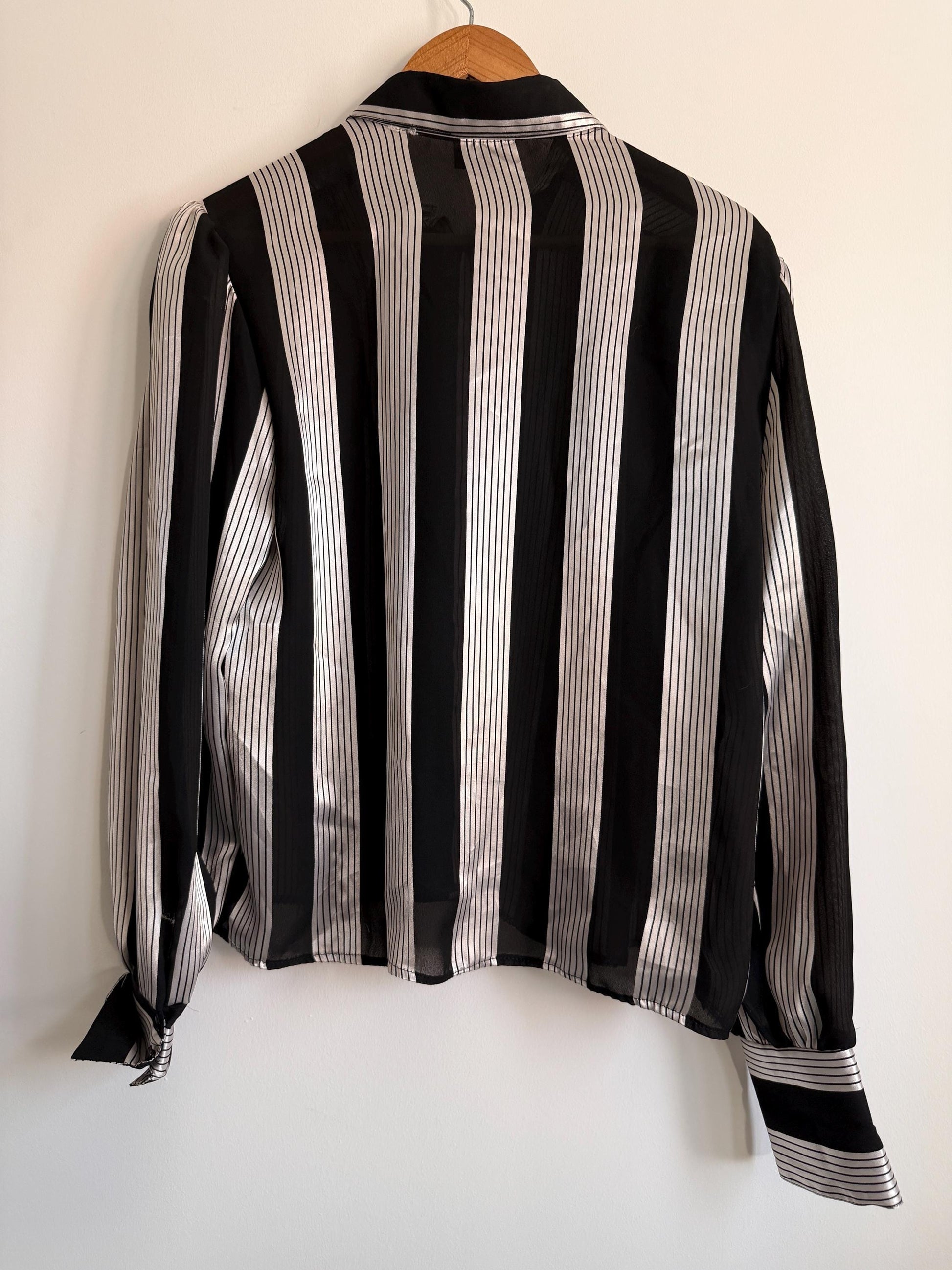 Vintage Black White Stripe Blouse | Sheer Chiffon Shirt | 90s Monochrome Blouse | Statement Stripe Top | UK 12