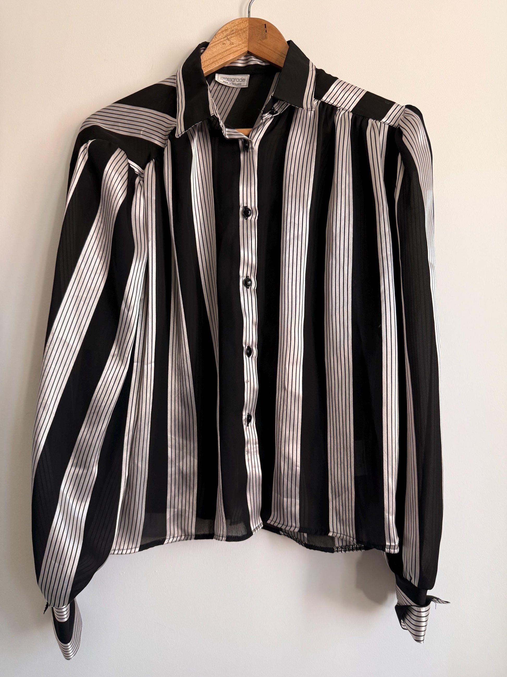 Vintage Black White Stripe Blouse | Sheer Chiffon Shirt | 90s Monochrome Blouse | Statement Stripe Top | UK 12
