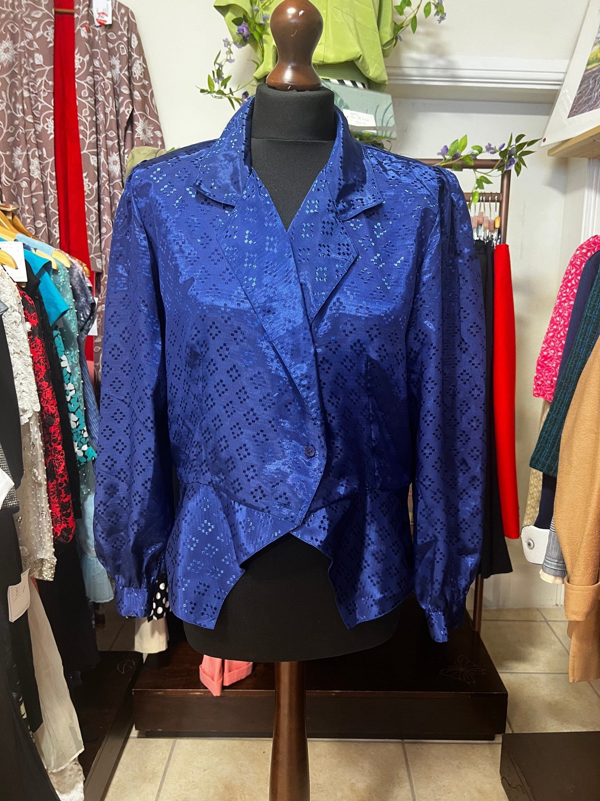 Vintage blouse blue shiny peplum Blouse leaf print swirl Shirt Length Electric Blue UK Size 14