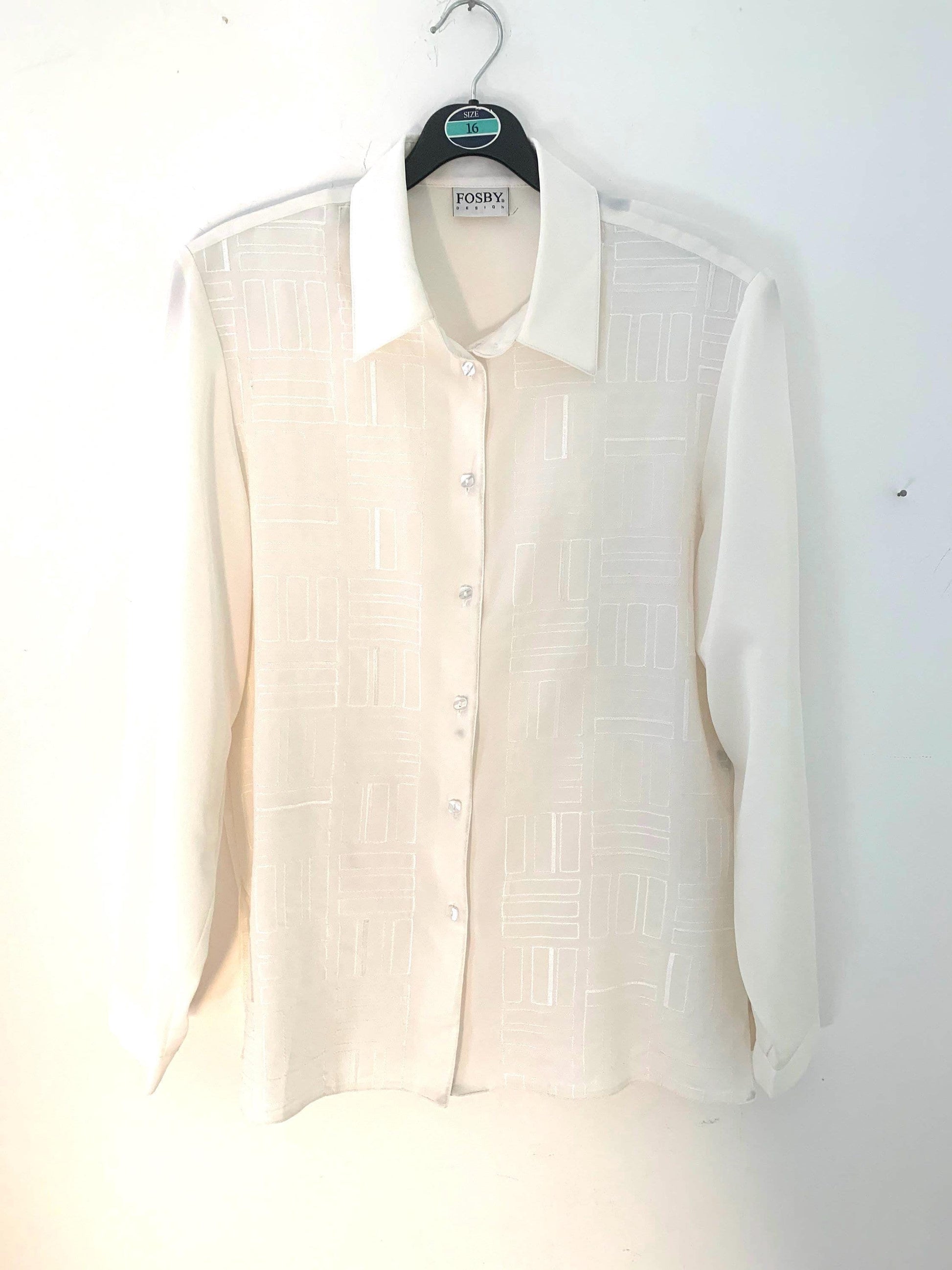 Cream Vintage Blouse Semi Sheer Button Through Boxy long Sleeves - Size 14