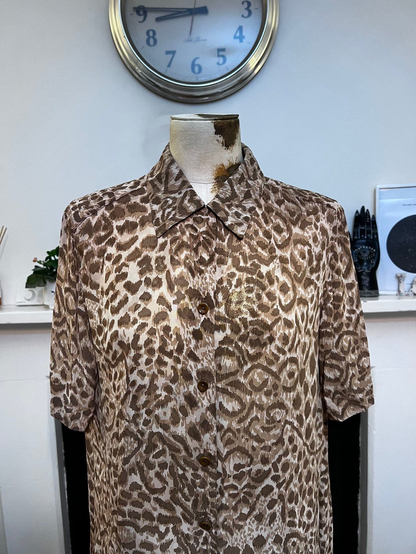 Vintage Blouse Sheer & Shorts Animal Print Suit longline oversize - Brown leopard Shirt Blouse EU36