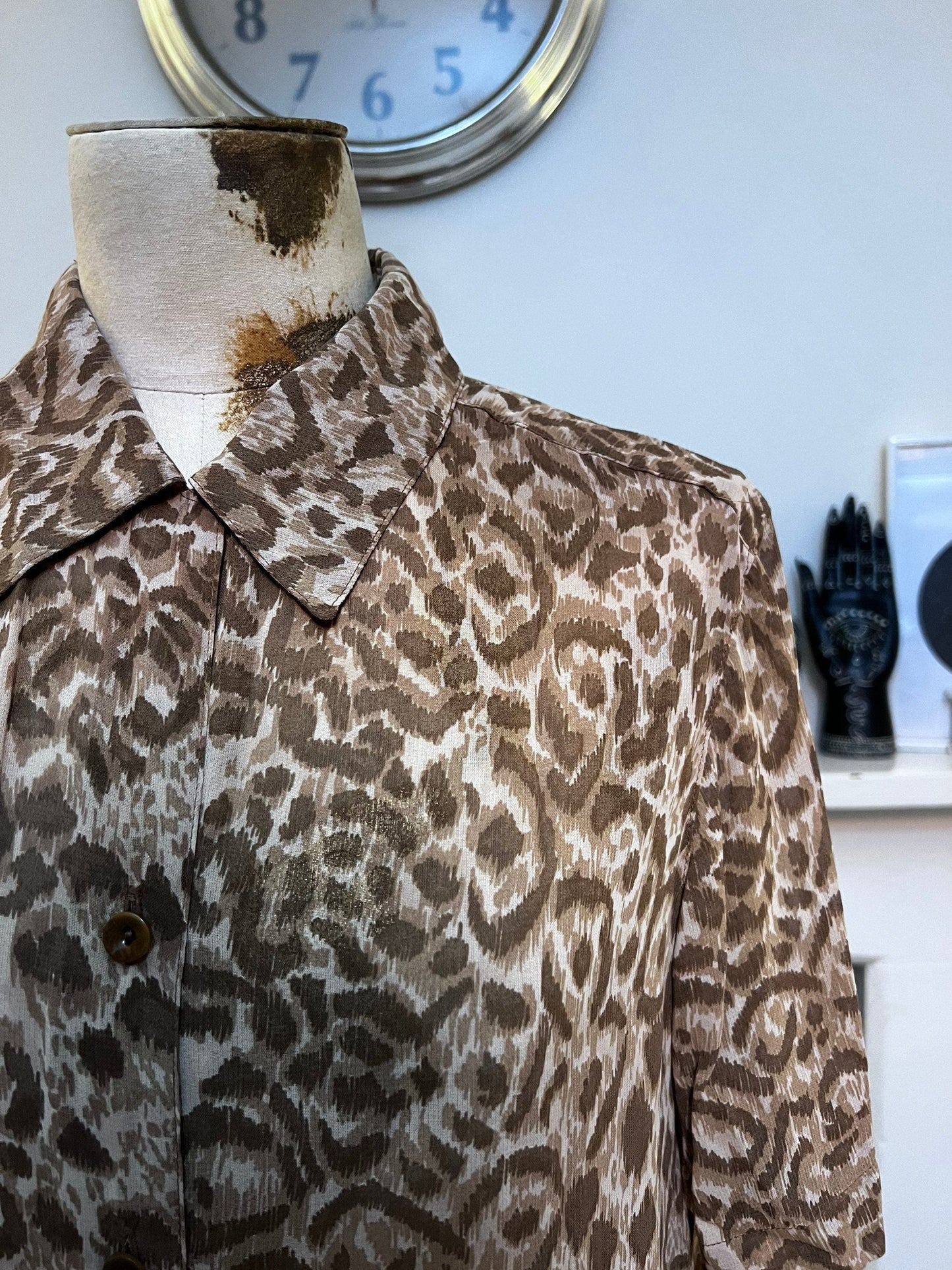 Vintage Blouse Sheer & Shorts Animal Print Suit longline oversize - Brown leopard Shirt Blouse EU36