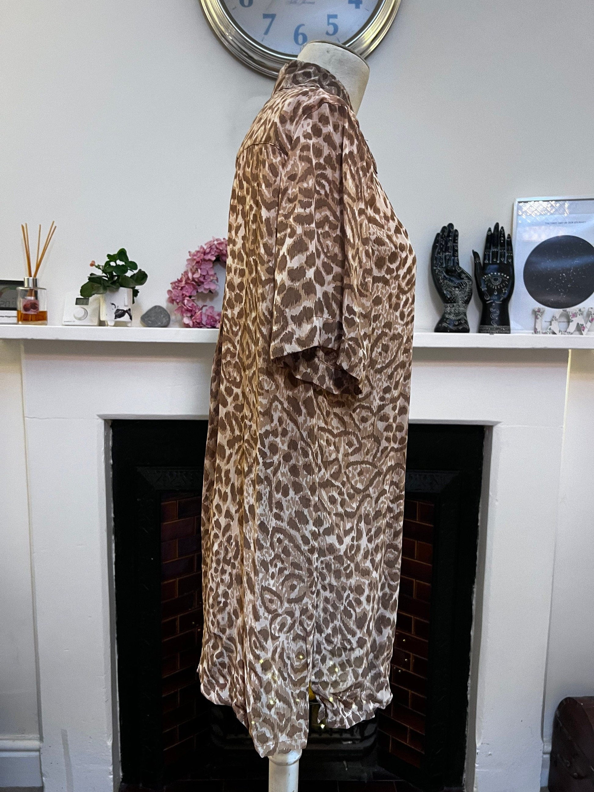 Vintage Blouse Sheer & Shorts Animal Print Suit longline oversize - Brown leopard Shirt Blouse EU36
