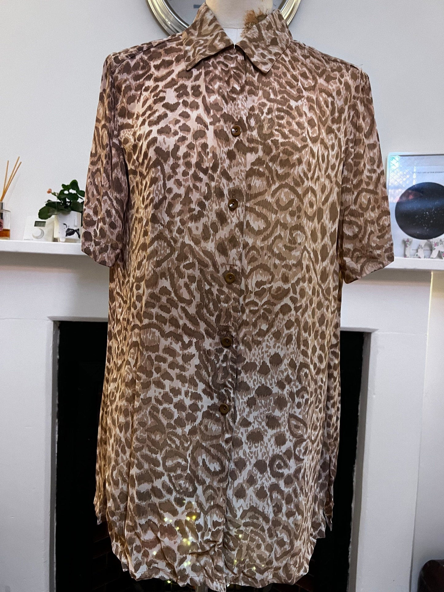 Vintage Blouse Sheer & Shorts Animal Print Suit longline oversize - Brown leopard Shirt Blouse EU36
