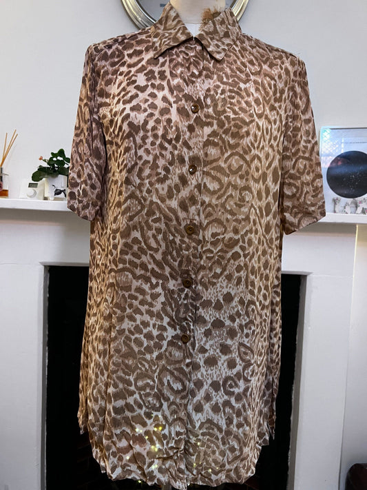Vintage Blouse Sheer & Shorts Animal Print Suit longline oversize - Brown leopard Shirt Blouse EU36