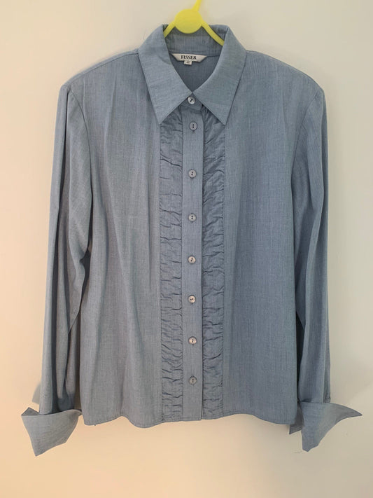 Blue Vintage Frilly Blouse Button Through Boxy long Sleeves - Size 14 - Double Cuff