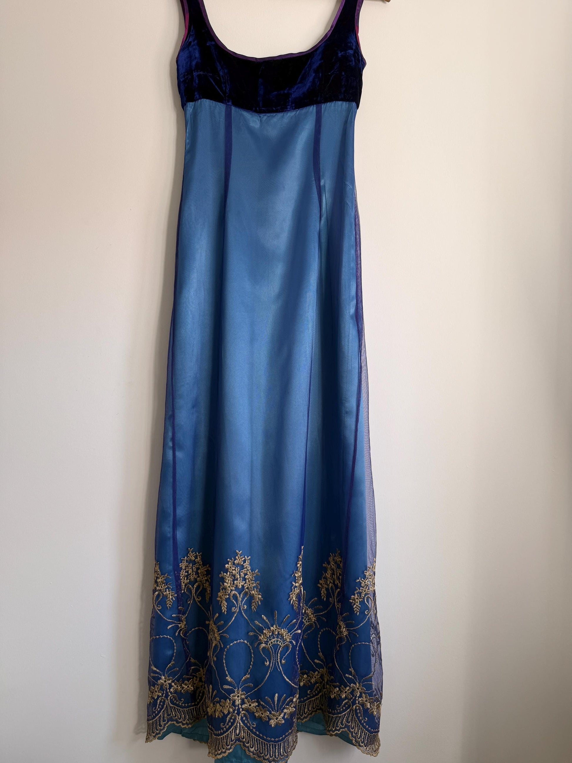 Vintage Blue Velvet & Embroidered Mesh Evening Dress UK 12 Y2K Formal Dress Gold Embroidered Maxi Dress Gothic Prom Dress Special Occasion