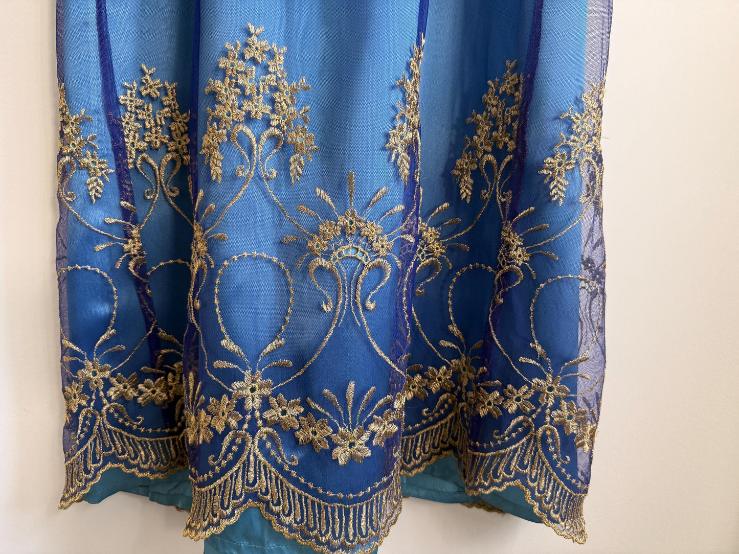Vintage Blue Velvet & Embroidered Mesh Evening Dress UK 12 Y2K Formal Dress Gold Embroidered Maxi Dress Gothic Prom Dress Special Occasion