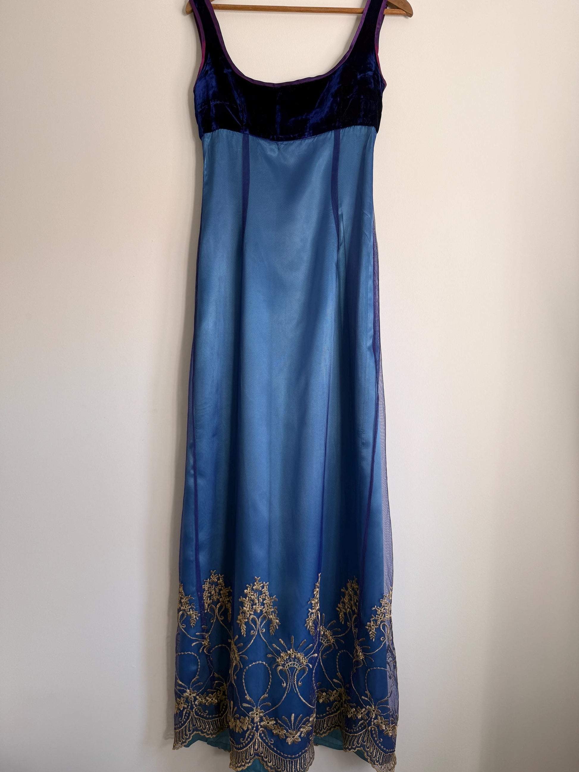 Vintage Blue Velvet & Embroidered Mesh Evening Dress UK 12 Y2K Formal Dress Gold Embroidered Maxi Dress Gothic Prom Dress Special Occasion