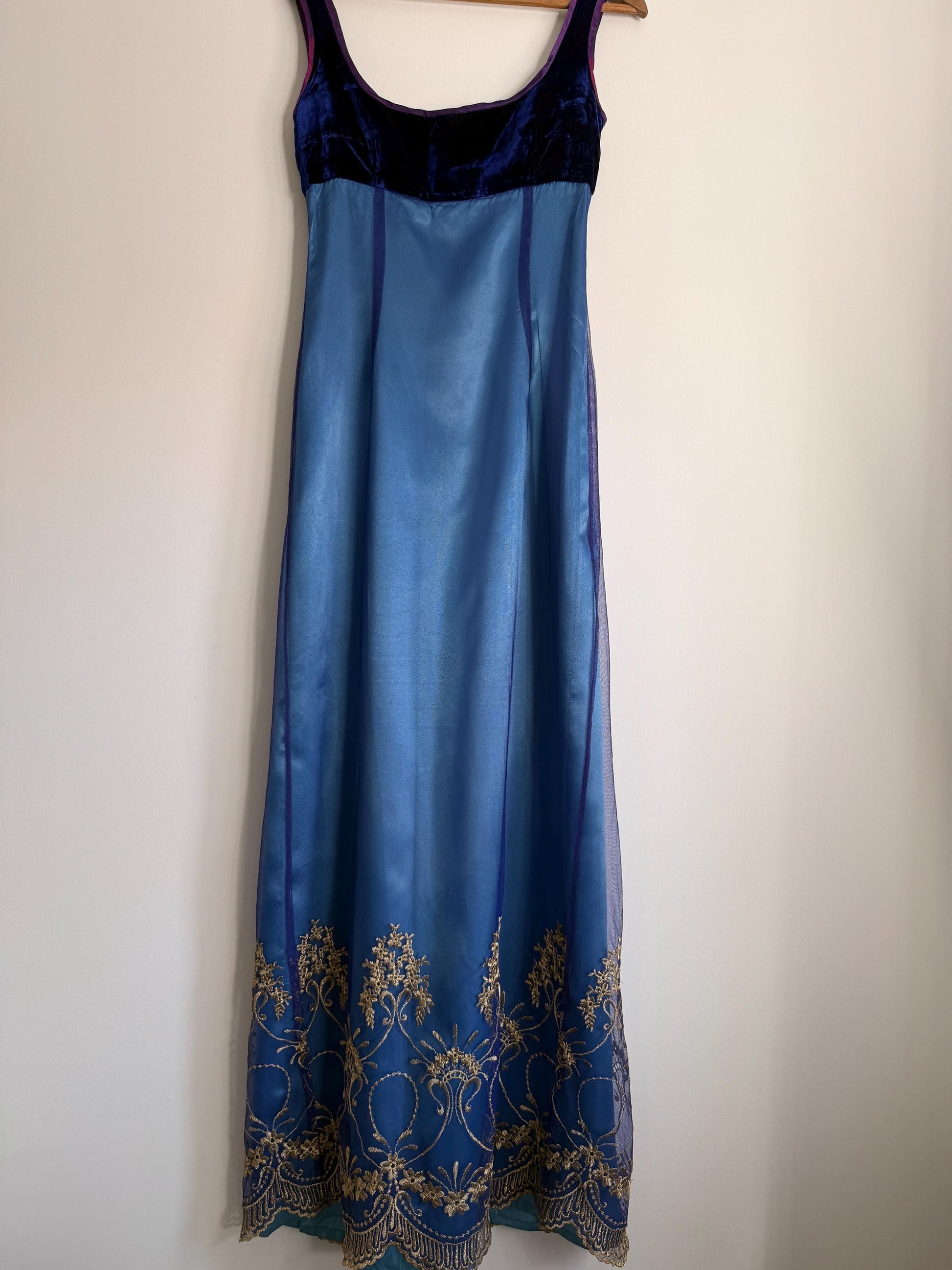 Vintage Blue Velvet & Embroidered Mesh Evening Dress UK 12 Y2K Formal Dress Gold Embroidered Maxi Dress Gothic Prom Dress Special Occasion