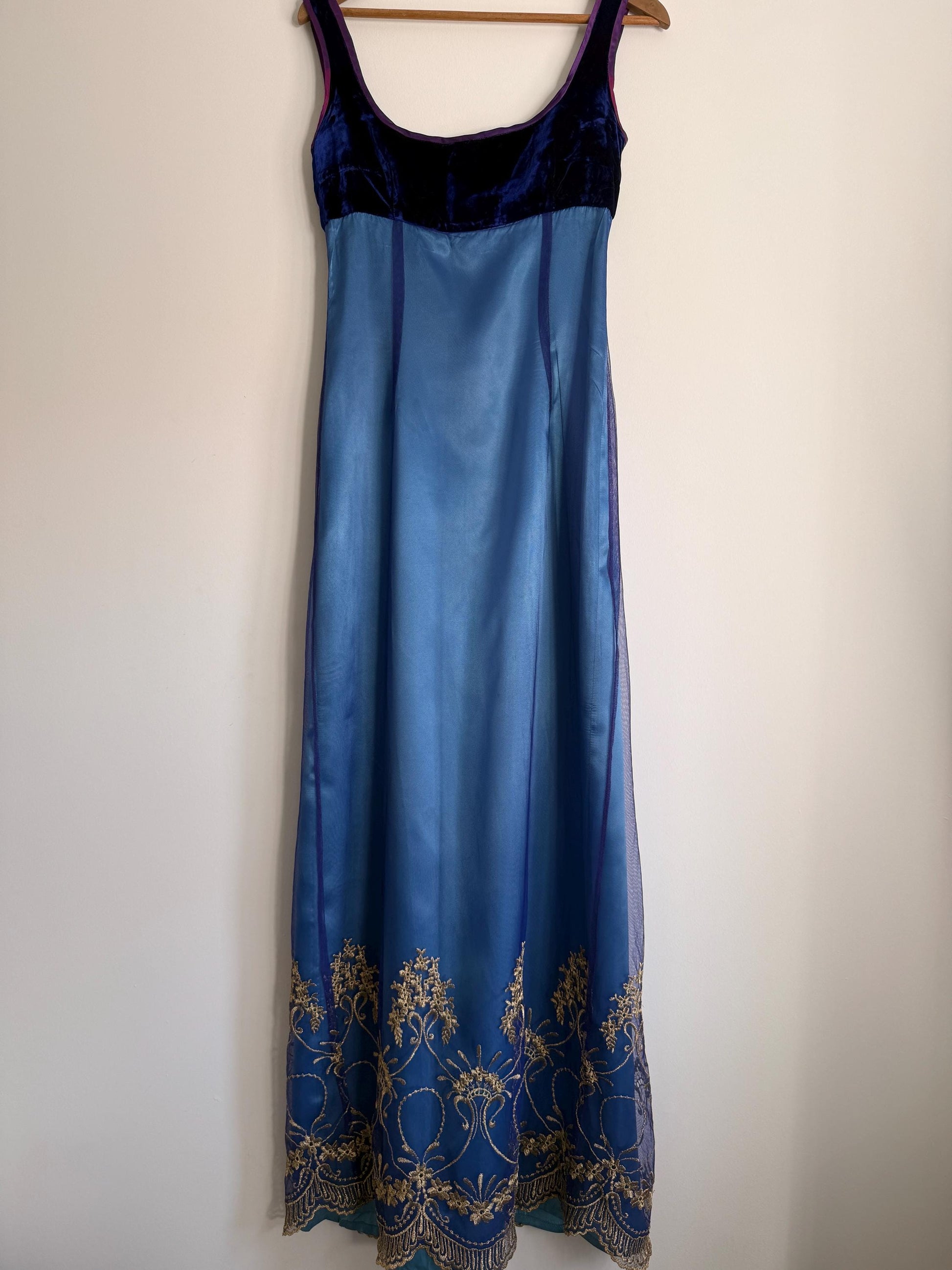 Vintage Blue Velvet & Embroidered Mesh Evening Dress UK 12 Y2K Formal Dress Gold Embroidered Maxi Dress Gothic Prom Dress Special Occasion