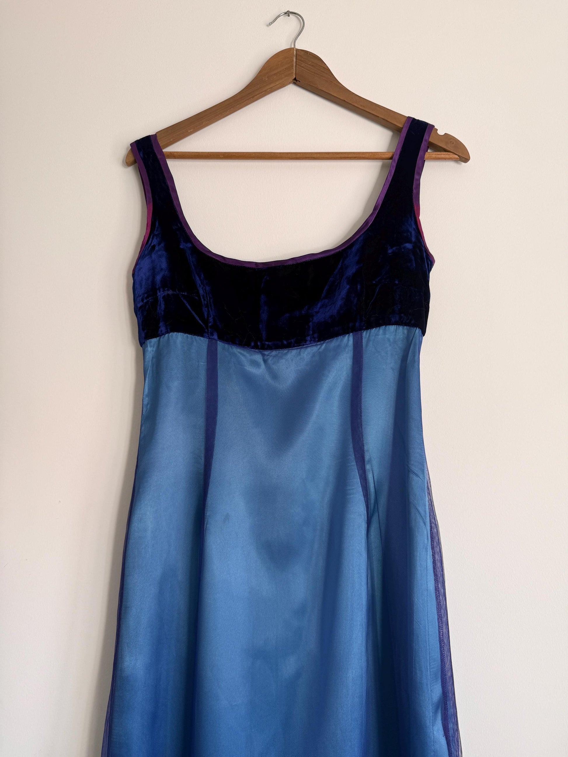 Vintage Blue Velvet & Embroidered Mesh Evening Dress UK 12 Y2K Formal Dress Gold Embroidered Maxi Dress Gothic Prom Dress Special Occasion