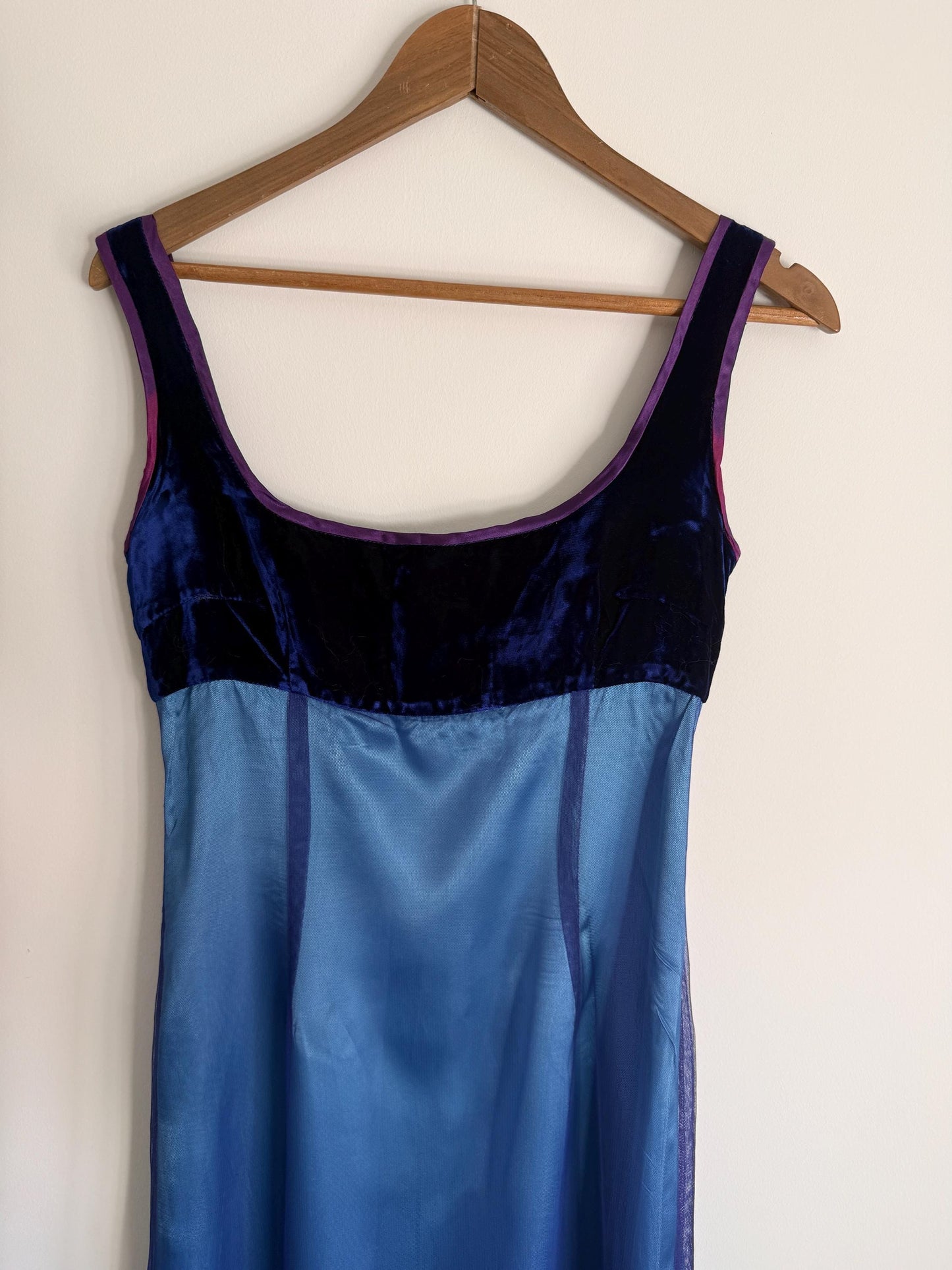 Vintage Blue Velvet & Embroidered Mesh Evening Dress UK 12 Y2K Formal Dress Gold Embroidered Maxi Dress Gothic Prom Dress Special Occasion