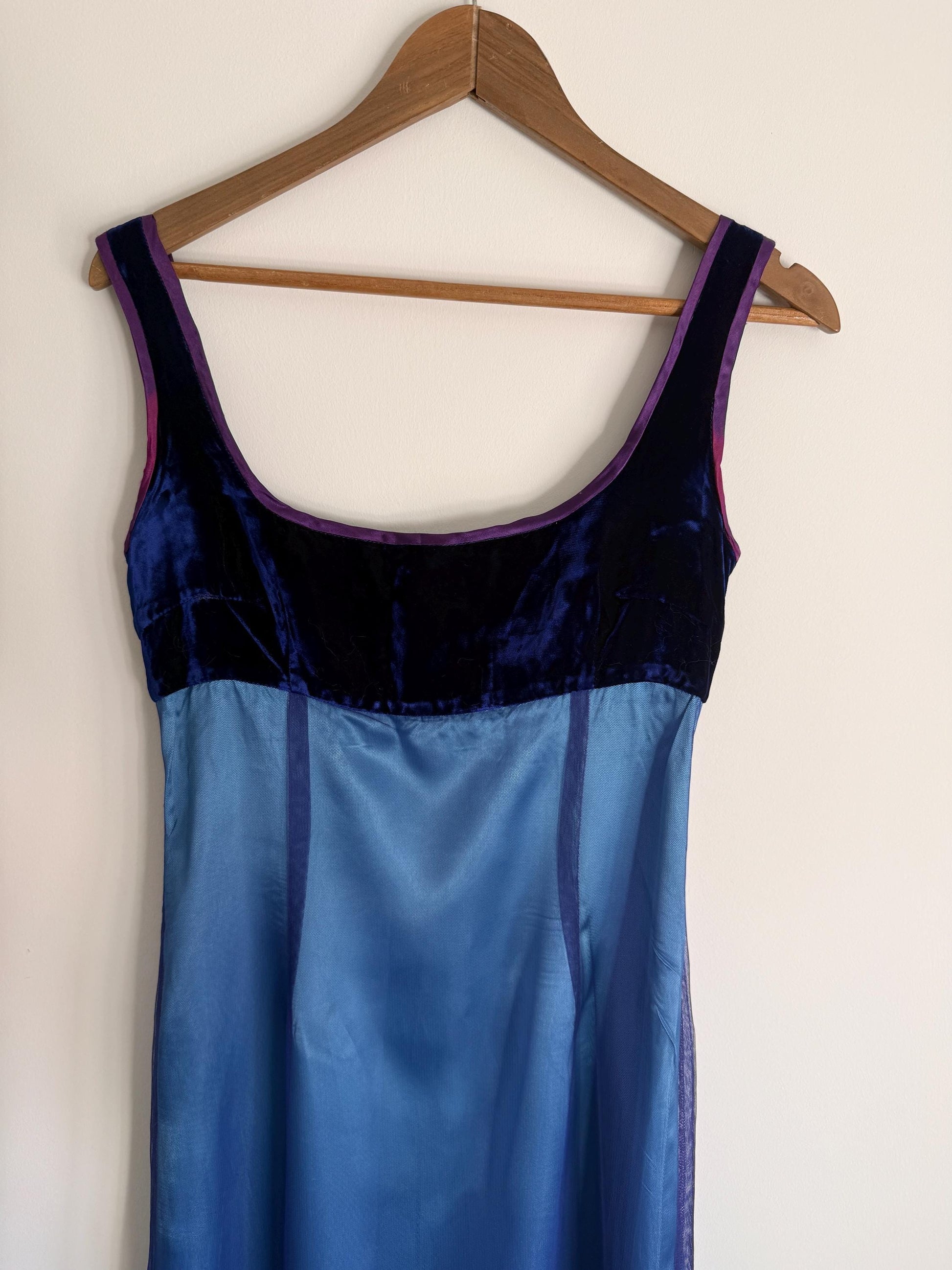 Vintage Blue Velvet & Embroidered Mesh Evening Dress UK 12 Y2K Formal Dress Gold Embroidered Maxi Dress Gothic Prom Dress Special Occasion