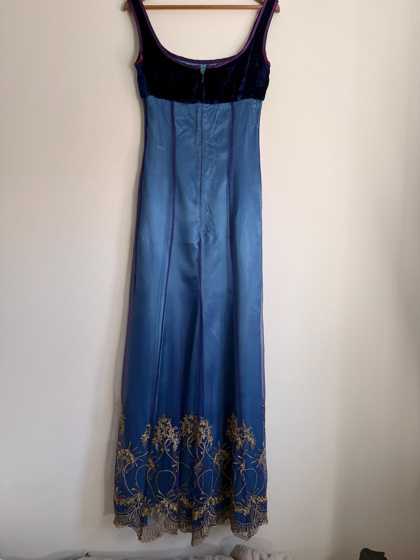 Vintage Blue Velvet & Embroidered Mesh Evening Dress UK 12 Y2K Formal Dress Gold Embroidered Maxi Dress Gothic Prom Dress Special Occasion