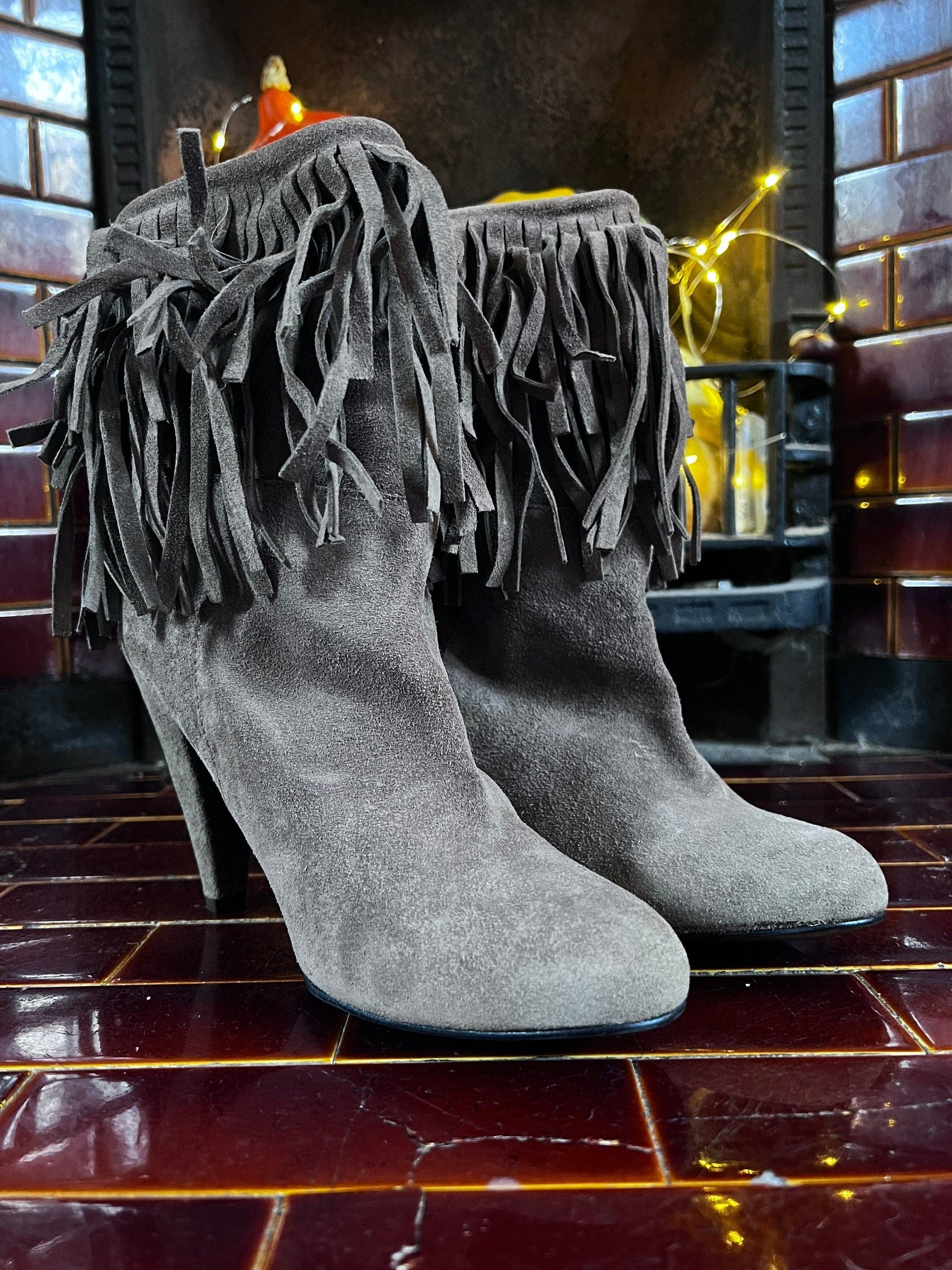 Vintage Fringed Ankle Boots Stilettos Heel Taupe Fringed Boho Boots unworn small mark to back of heel EU39 UK6