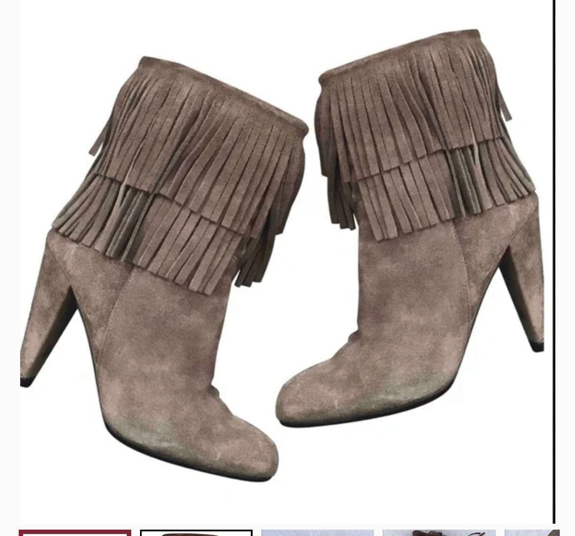 Vintage Fringed Ankle Boots Stilettos Heel Taupe Fringed Boho Boots unworn small mark to back of heel EU39 UK6