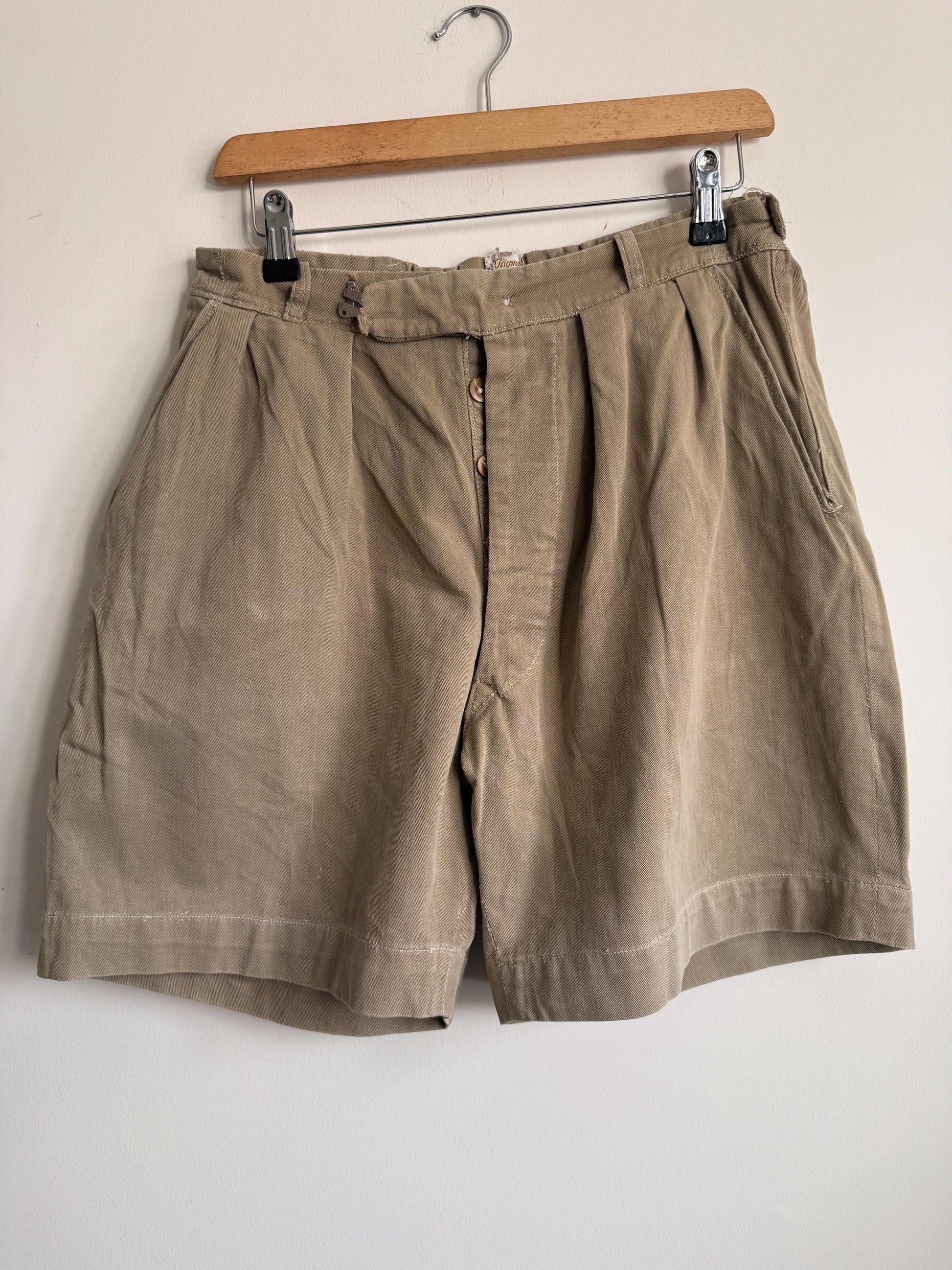 Vintage British Khaki Cotton Drill Shorts UWIN Made in England R F Carter Jonas Named Military Style