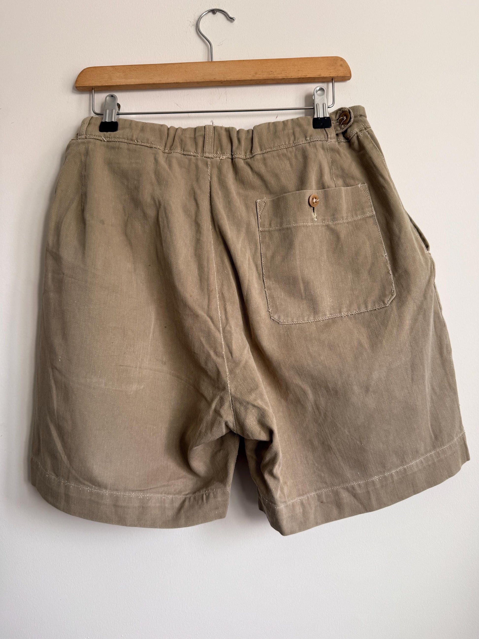 Vintage British Khaki Cotton Drill Shorts UWIN Made in England R F Carter Jonas Named Military Style