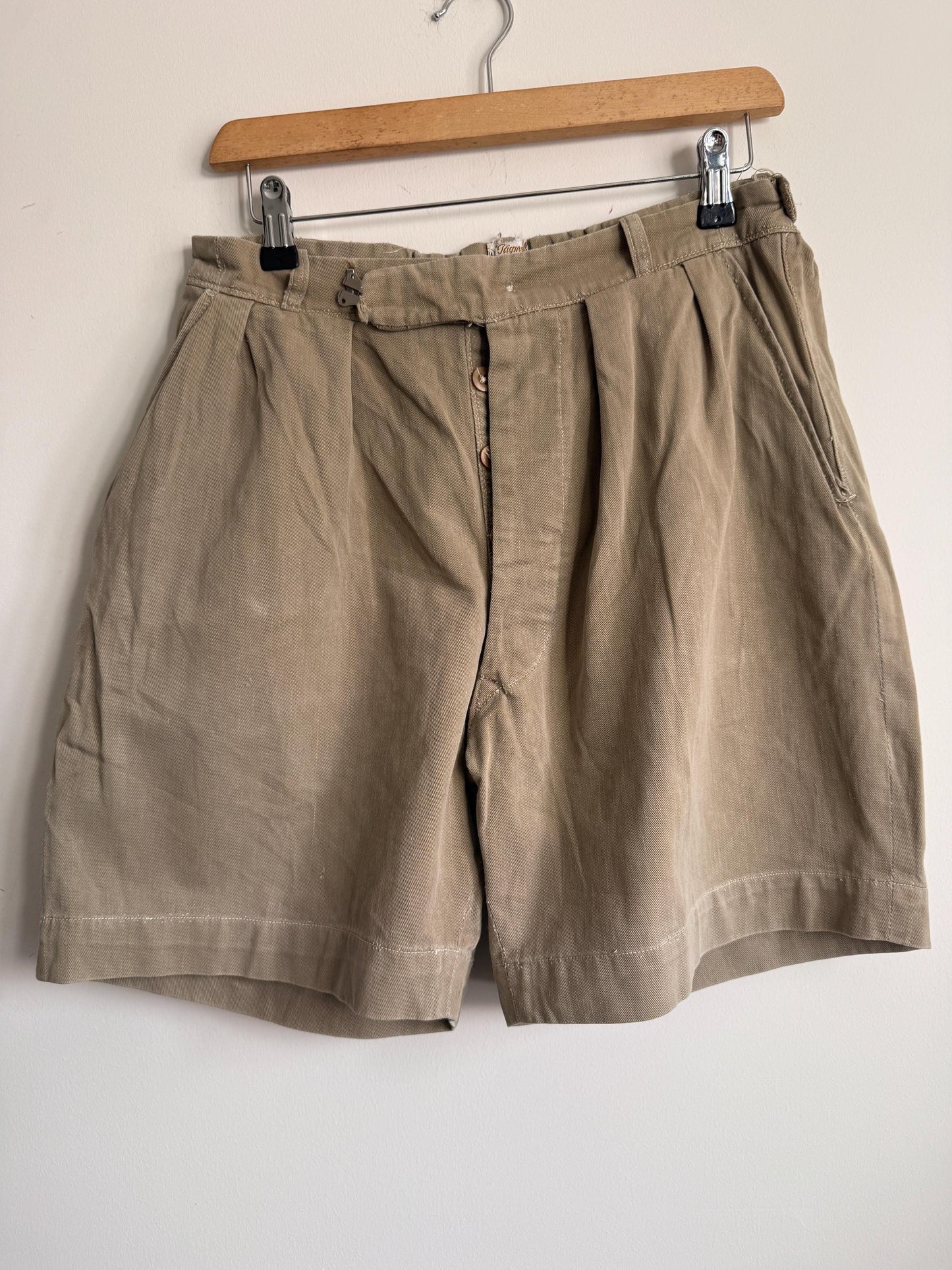 Vintage British Khaki Cotton Drill Shorts UWIN Made in England R F Carter Jonas Named Military Style