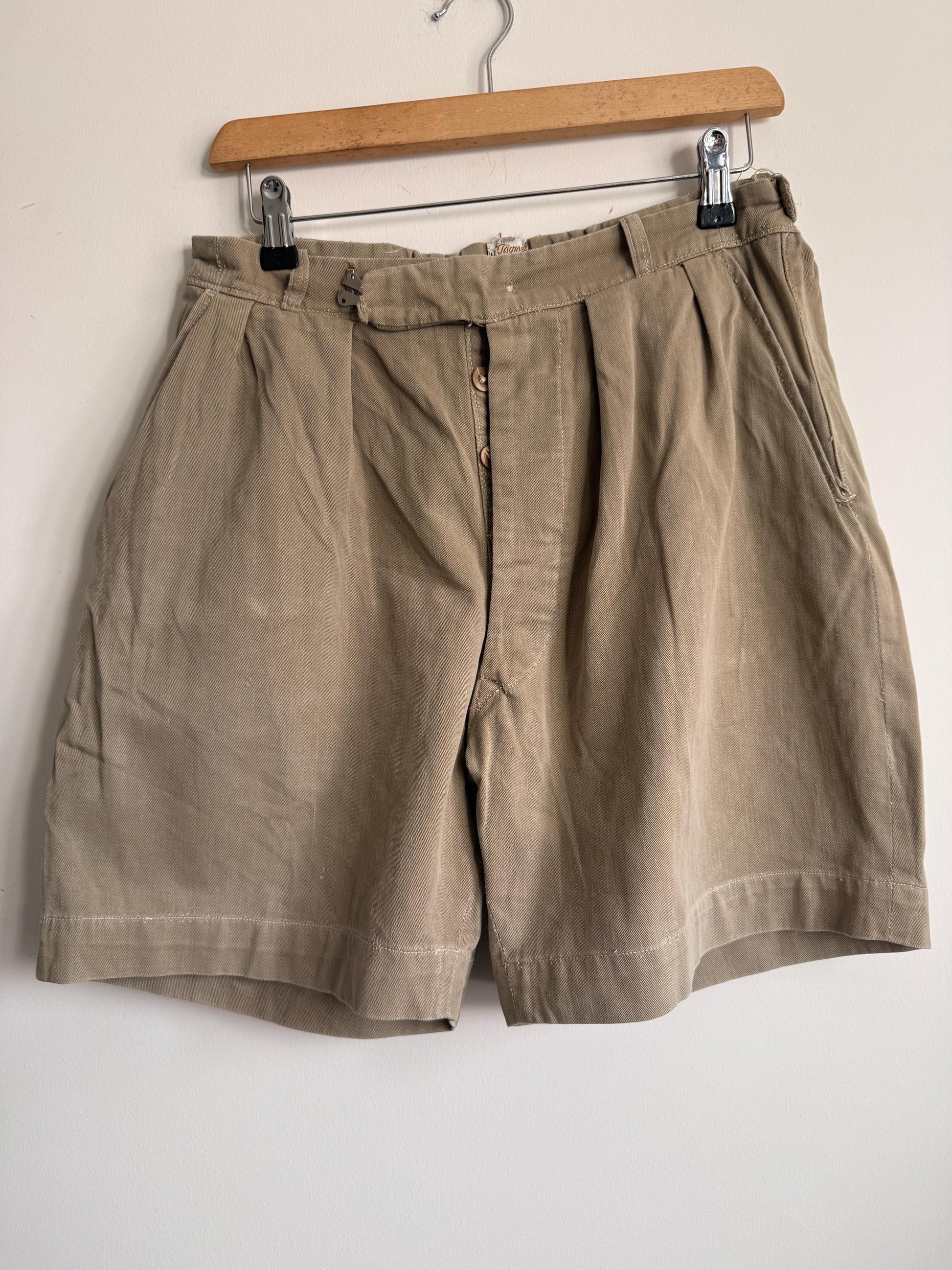Vintage British Khaki Cotton Drill Shorts UWIN Made in England R F Carter Jonas Named Military Style