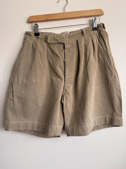 Vintage British Khaki Cotton Drill Shorts UWIN Made in England R F Carter Jonas Named Military Style