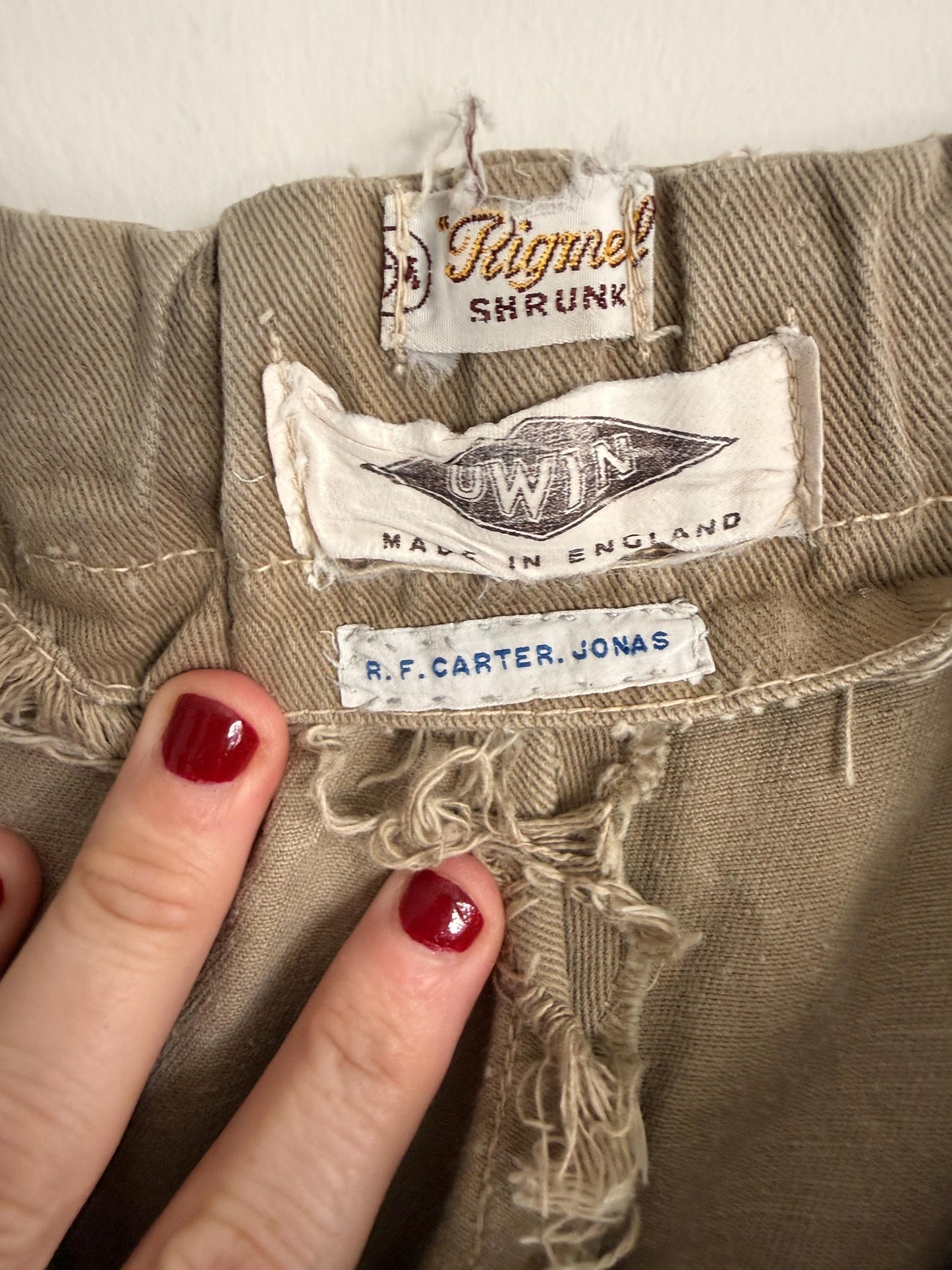 Vintage British Khaki Cotton Drill Shorts UWIN Made in England R F Carter Jonas Named Military Style