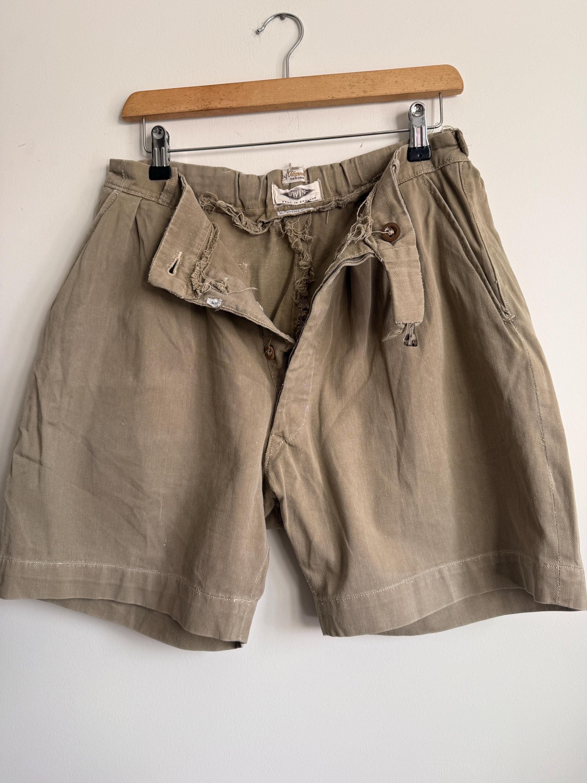 Vintage British Khaki Cotton Drill Shorts UWIN Made in England R F Carter Jonas Named Military Style