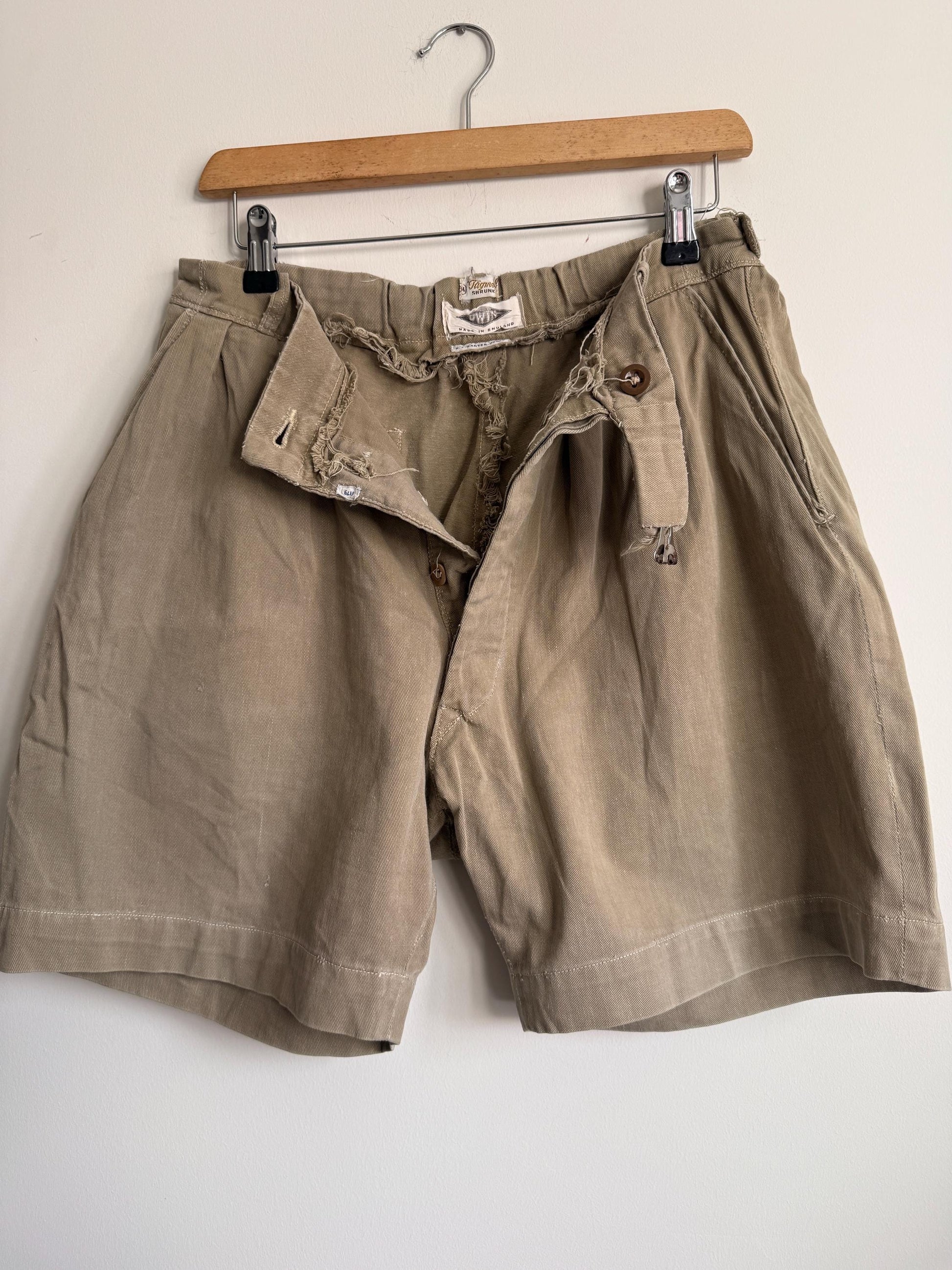 Vintage British Khaki Cotton Drill Shorts UWIN Made in England R F Carter Jonas Named Military Style