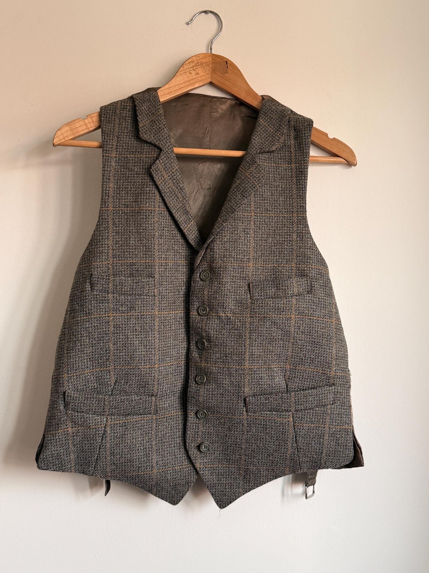 Vintage Brown Grey Check Tweed Vest | Wool Blend Country Gentleman Waistcoat (Size M)