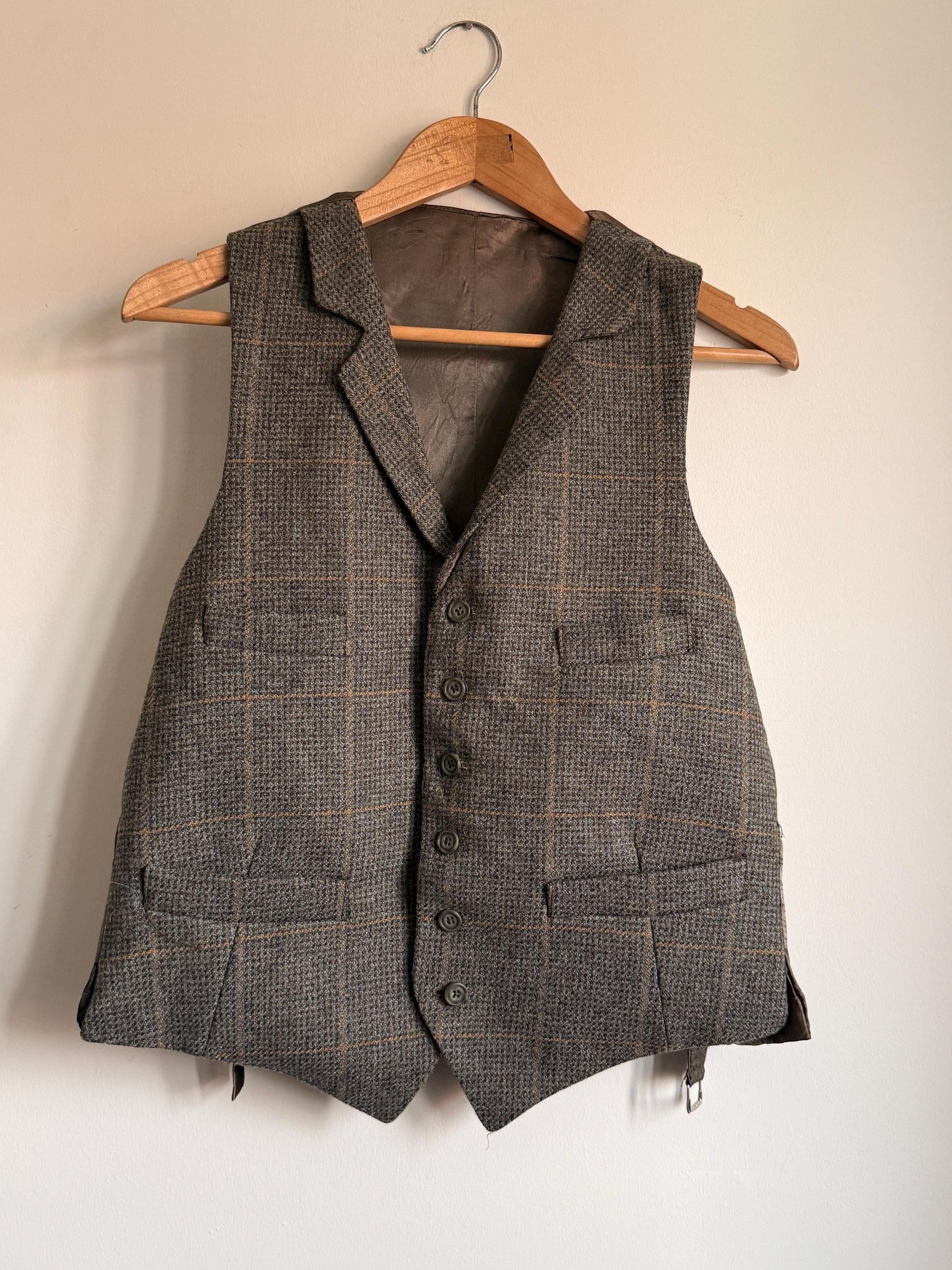 Vintage Brown Grey Check Tweed Vest | Wool Blend Country Gentleman Waistcoat (Size M)