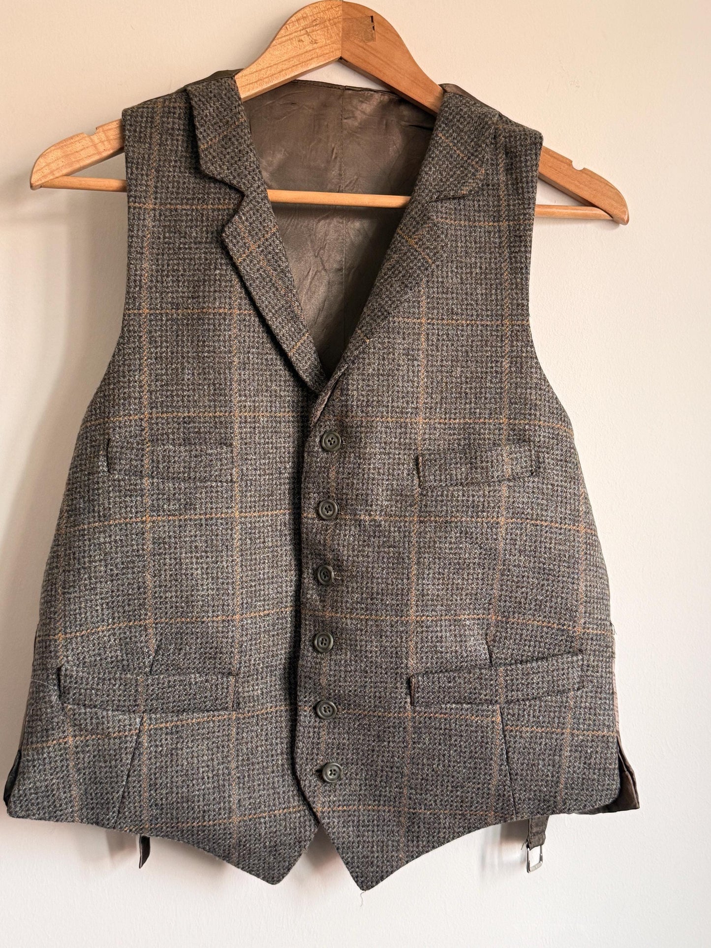 Vintage Brown Grey Check Tweed Vest | Wool Blend Country Gentleman Waistcoat (Size M)