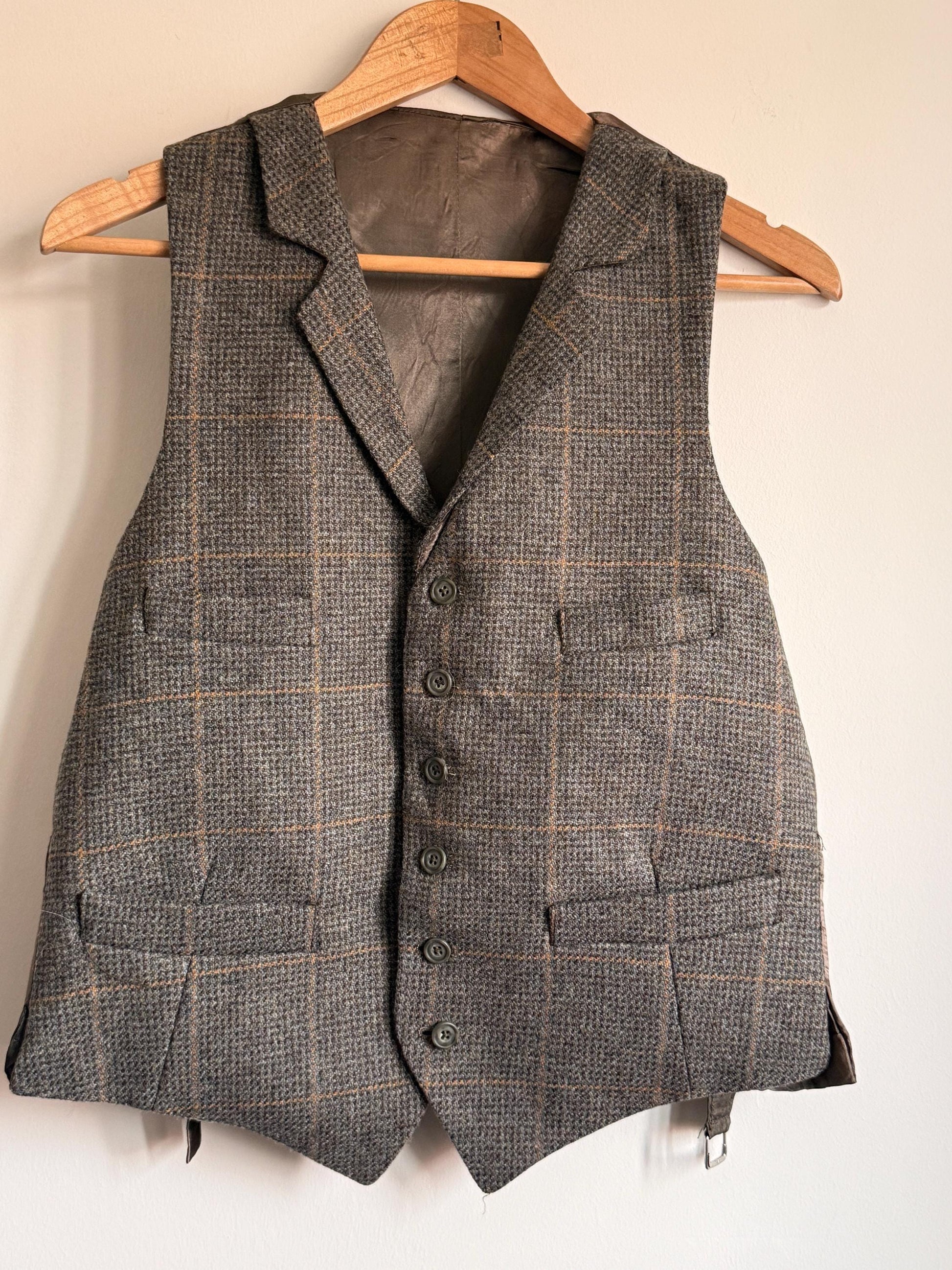 Vintage Brown Grey Check Tweed Vest | Wool Blend Country Gentleman Waistcoat (Size M)