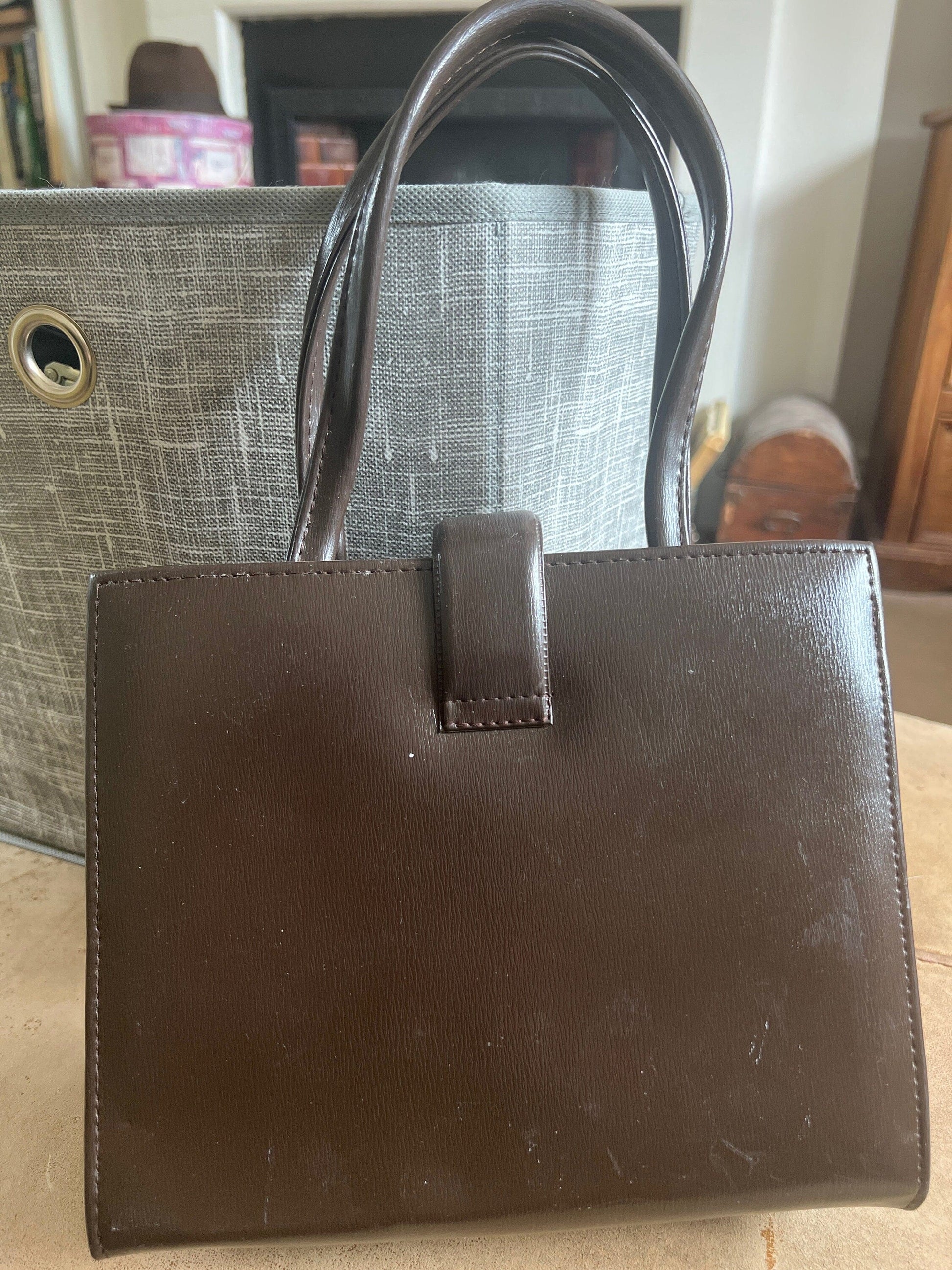 vintage brown handbag brown ladies bag 1960s vintage bag, gold coloured clasp,  small leather look, vinyl handbag 60s brown bag, handbag